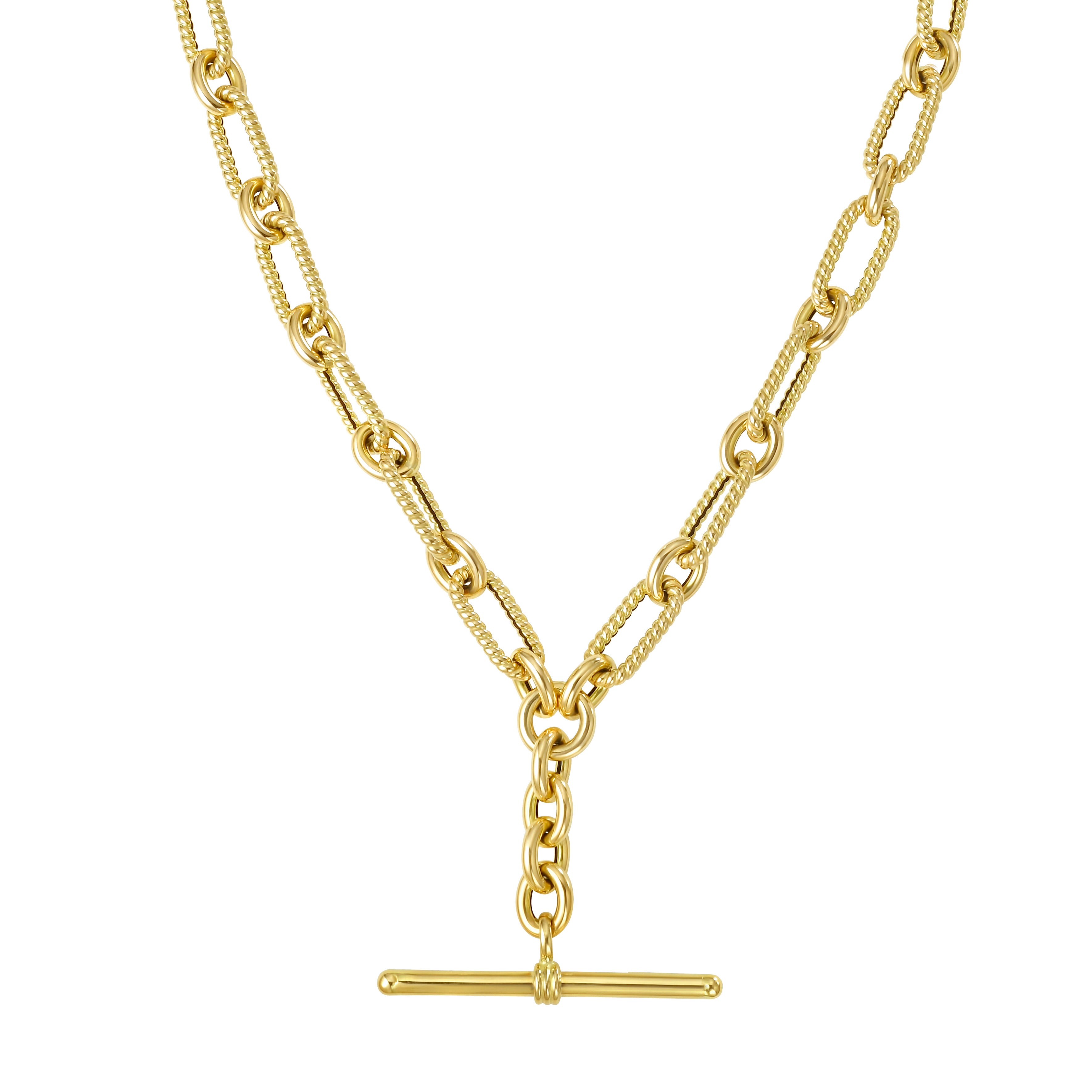 14K Gold T-Bar Drop Chain Necklace featuring alternating textured oval links with a polished finish, and a 30mm T-bar drop. Ideal for both casual and formal occasions, this necklace adds timeless elegance to any outfit.