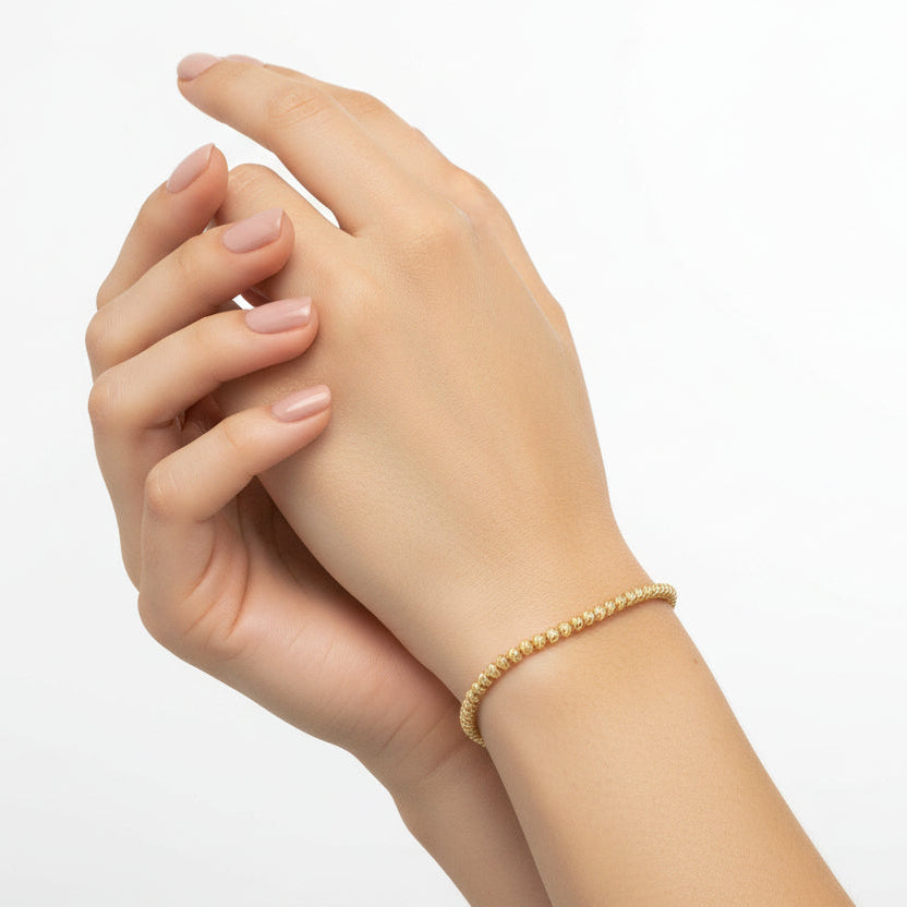 14K Solid Gold Diamond Cut Bead Bracelet – Textured, Elegant, Polished