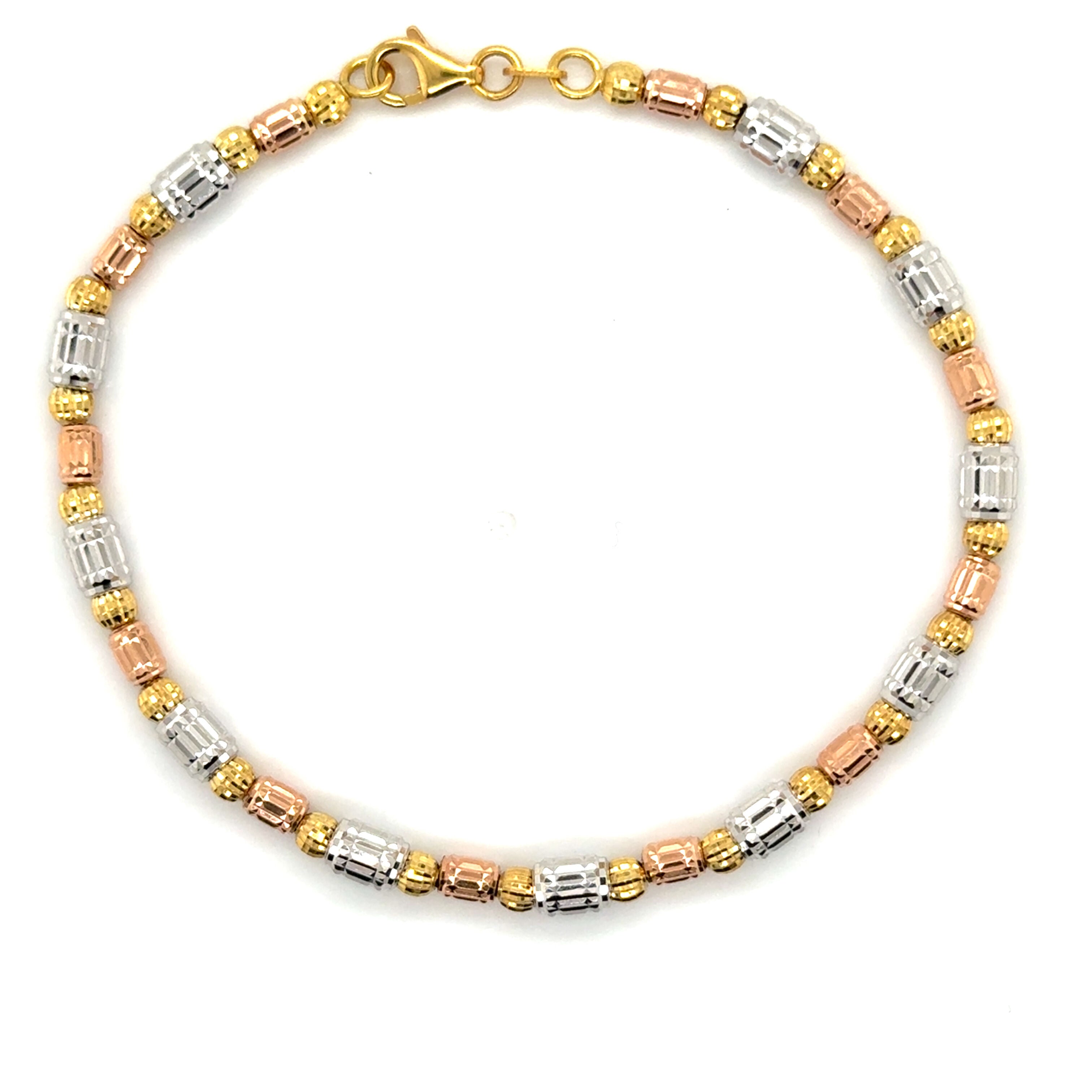 This 14K Tricolor Gold Barrel Bead Bracelet features dazzling diamond cut beads crafted from real gold for lasting beauty and shine. Perfect for everyday wear or special occasions.