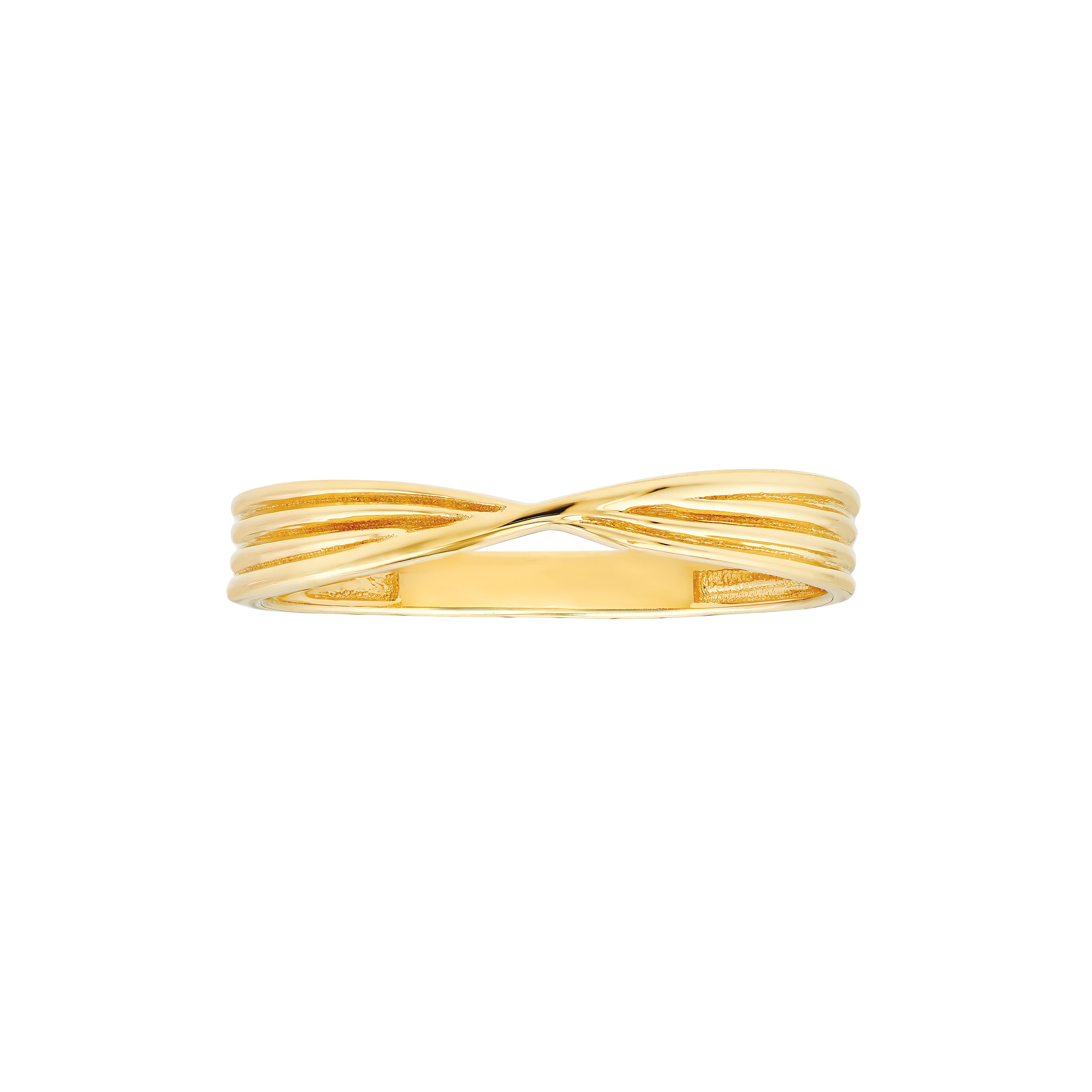 14K gold crossover ring with layered polished bands and stackable style