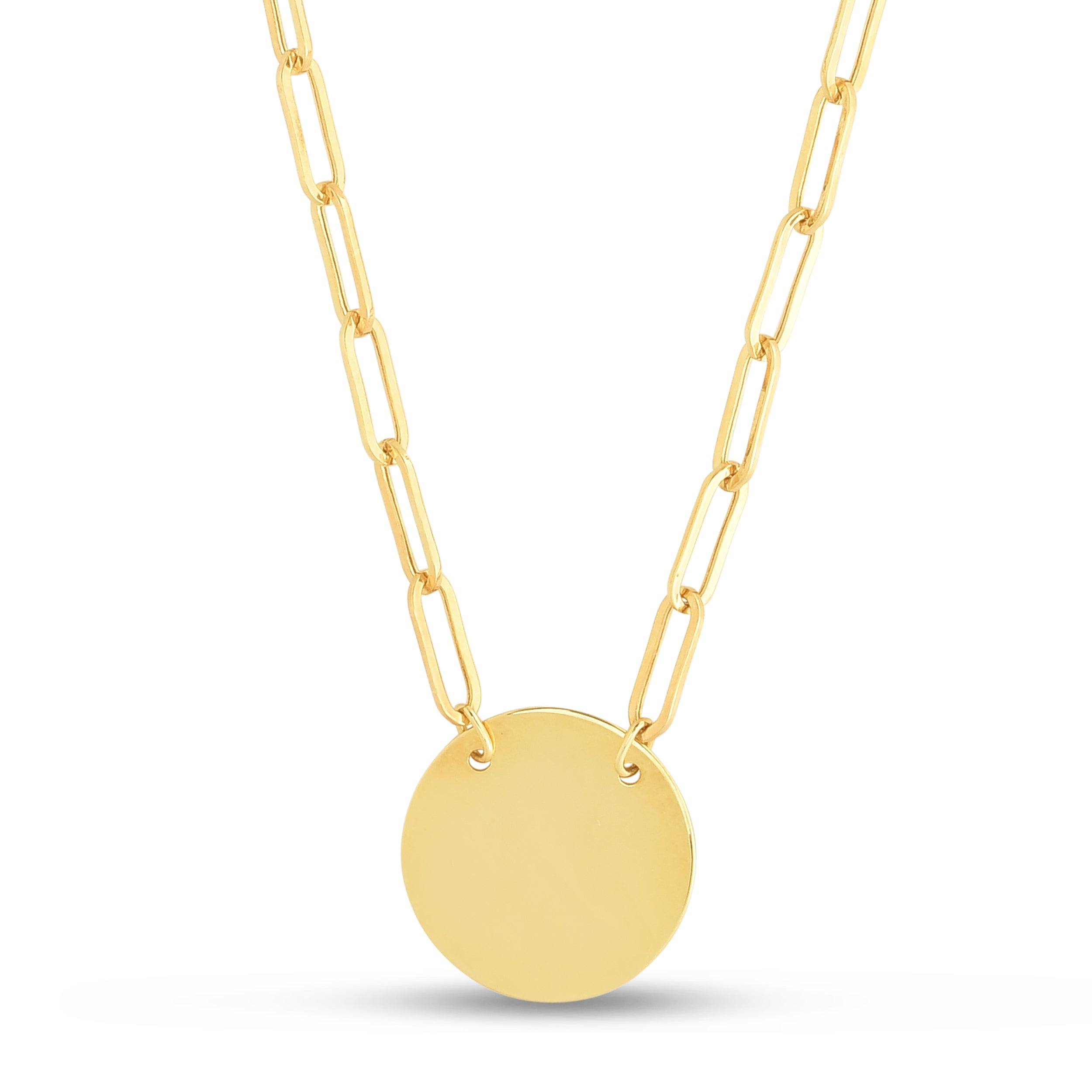 14K yellow gold paperclip chain necklace with elongated links and an engravable round disc pendant, shown on a white background.
