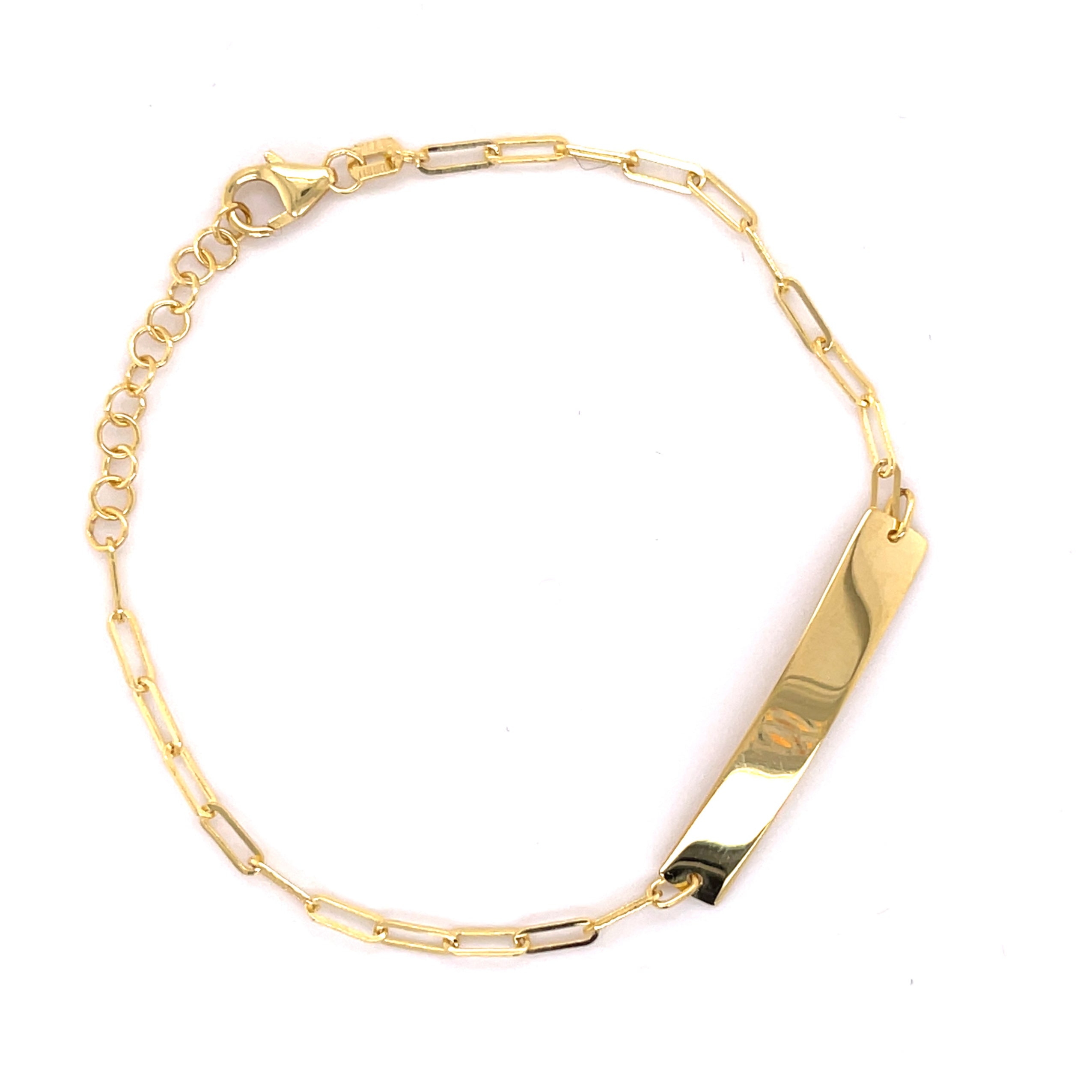 14K Gold Paperclip ID Bar Bracelet in sleek minimalist design, crafted for personalization or standalone wear.