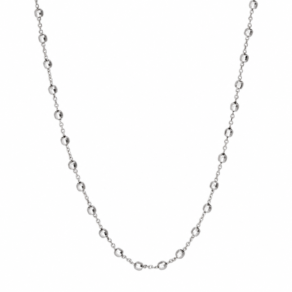 14K solid white gold Saturn bead necklace with faceted beads and a lobster claw clasp
