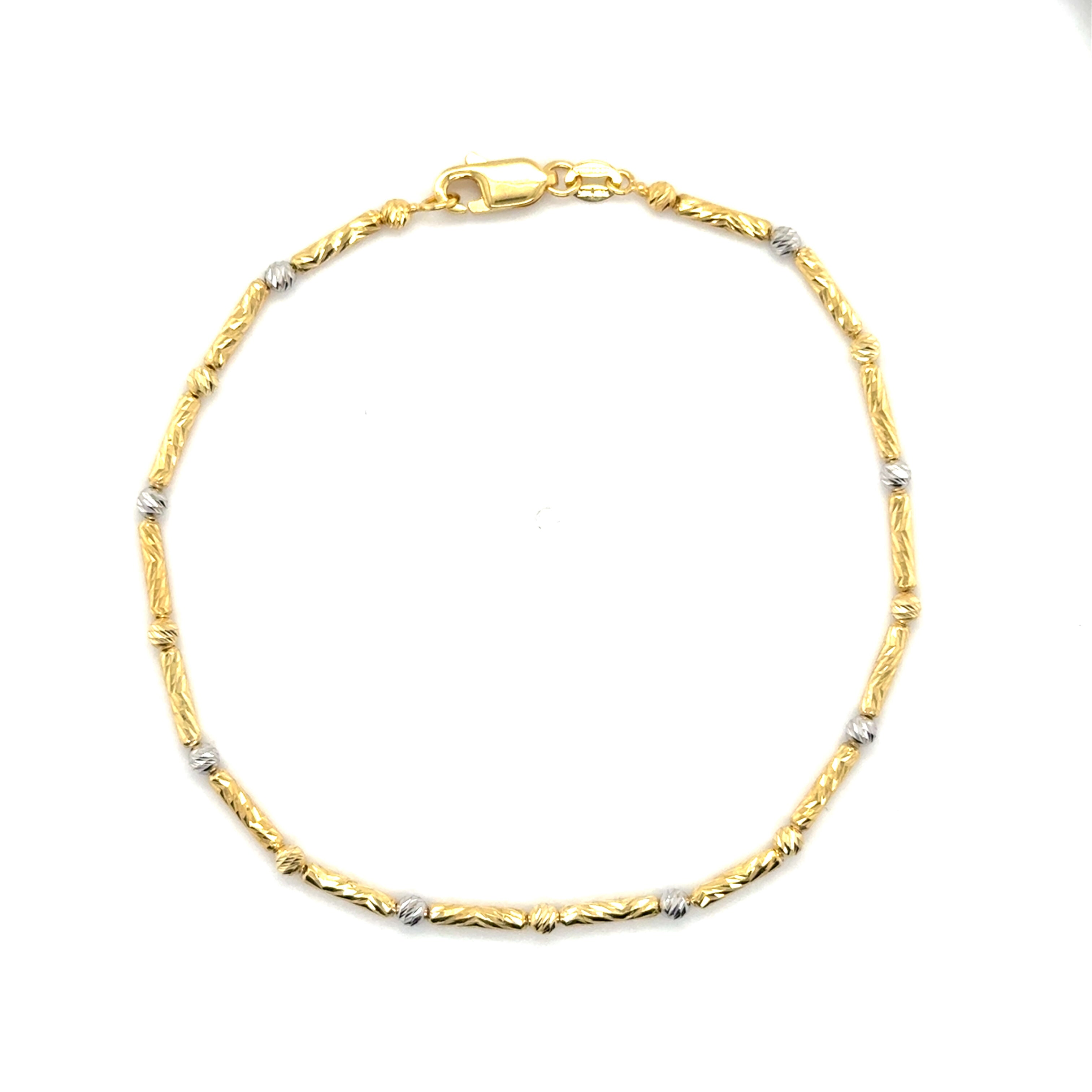 14K Two Tone Gold Bar and Bead Bracelet featuring alternating textured gold bars and polished white gold beads, crafted for an elegant versatile style perfect for daily wear or special occasions.