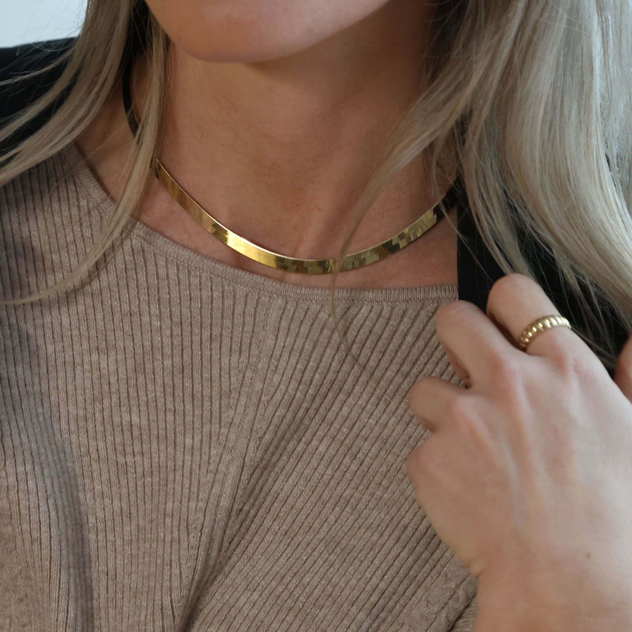 14K Solid Yellow Gold Herringbone Chain Necklace 6 mm Thick Women