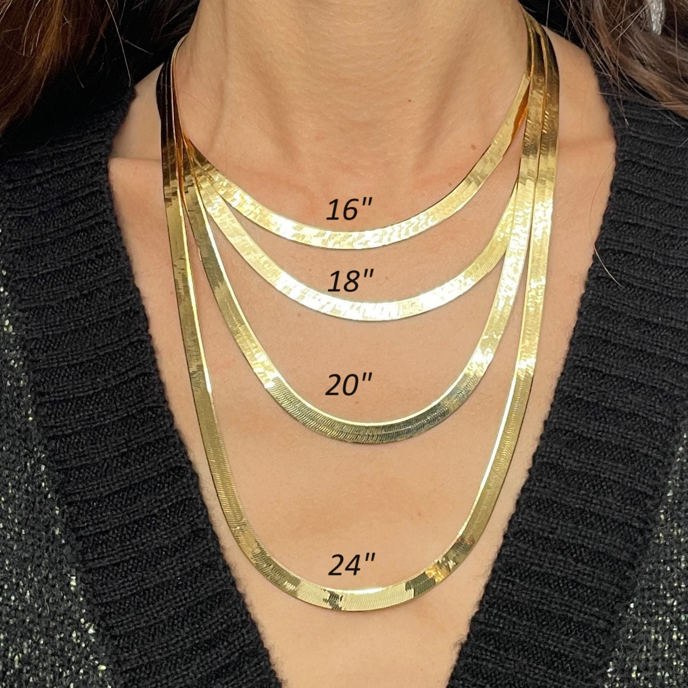 14K Yellow Gold Herringbone Necklace 16-24" - 6mm
