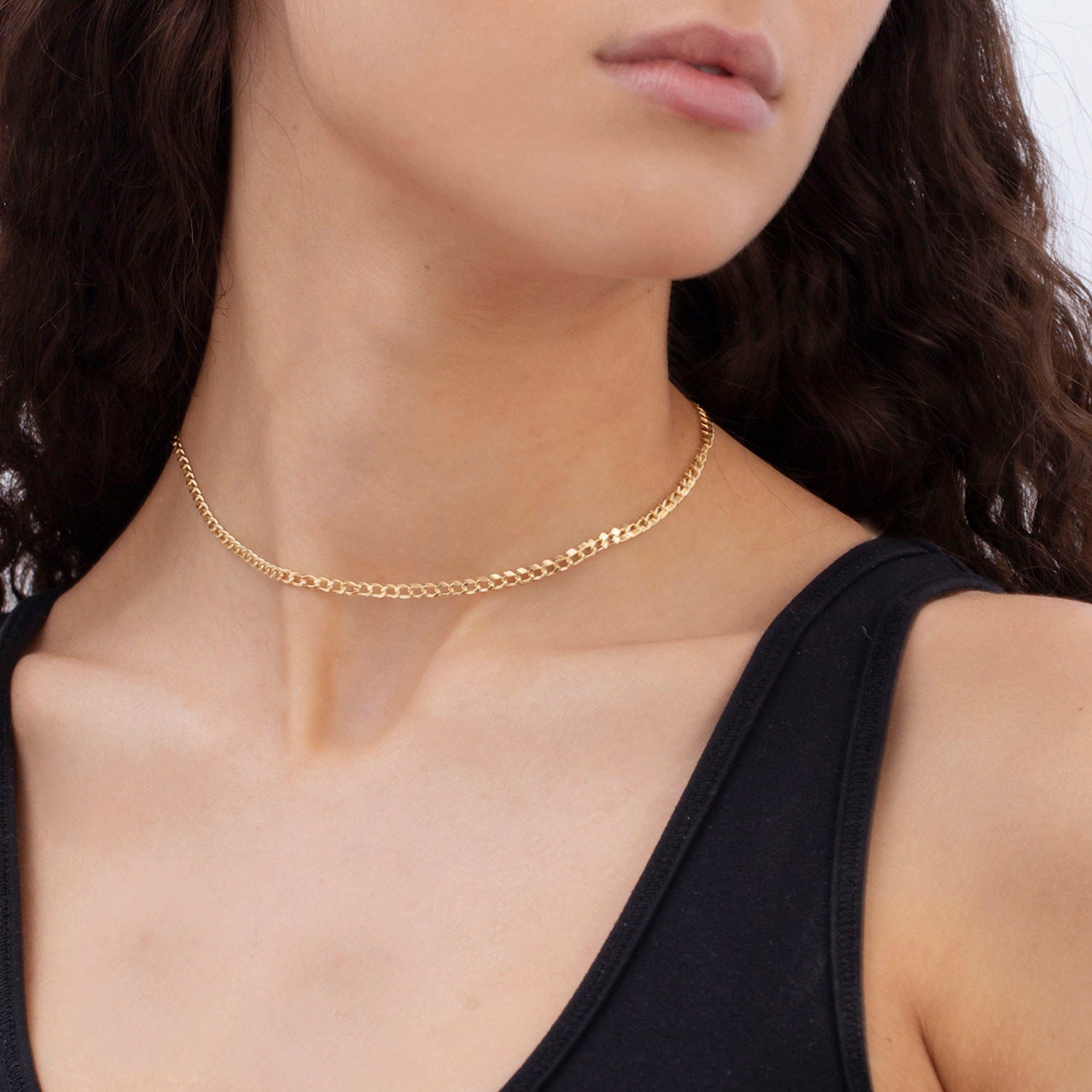 14K Gold Curb Link Choker Necklace