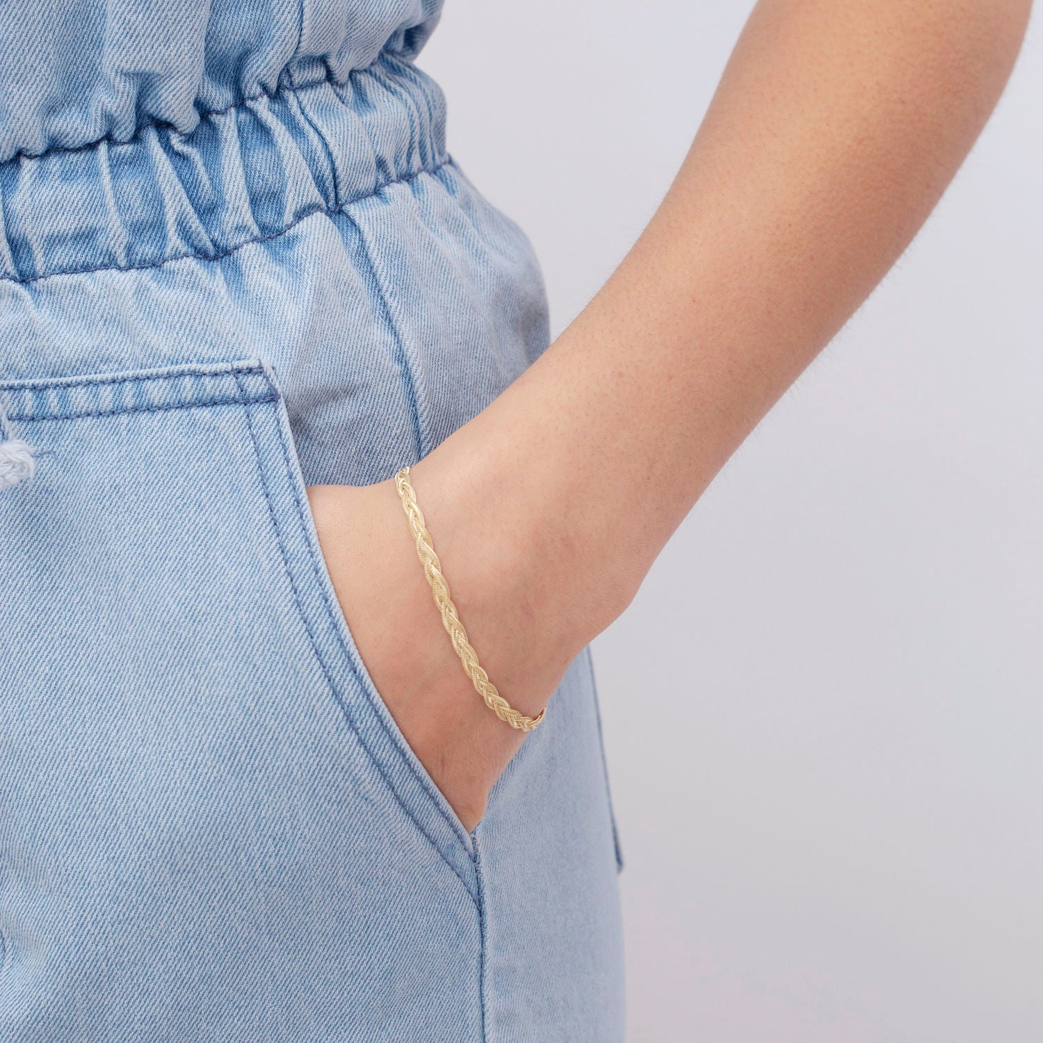 14K Yellow Gold Braided Foxtail Bracelet, Made In Italy