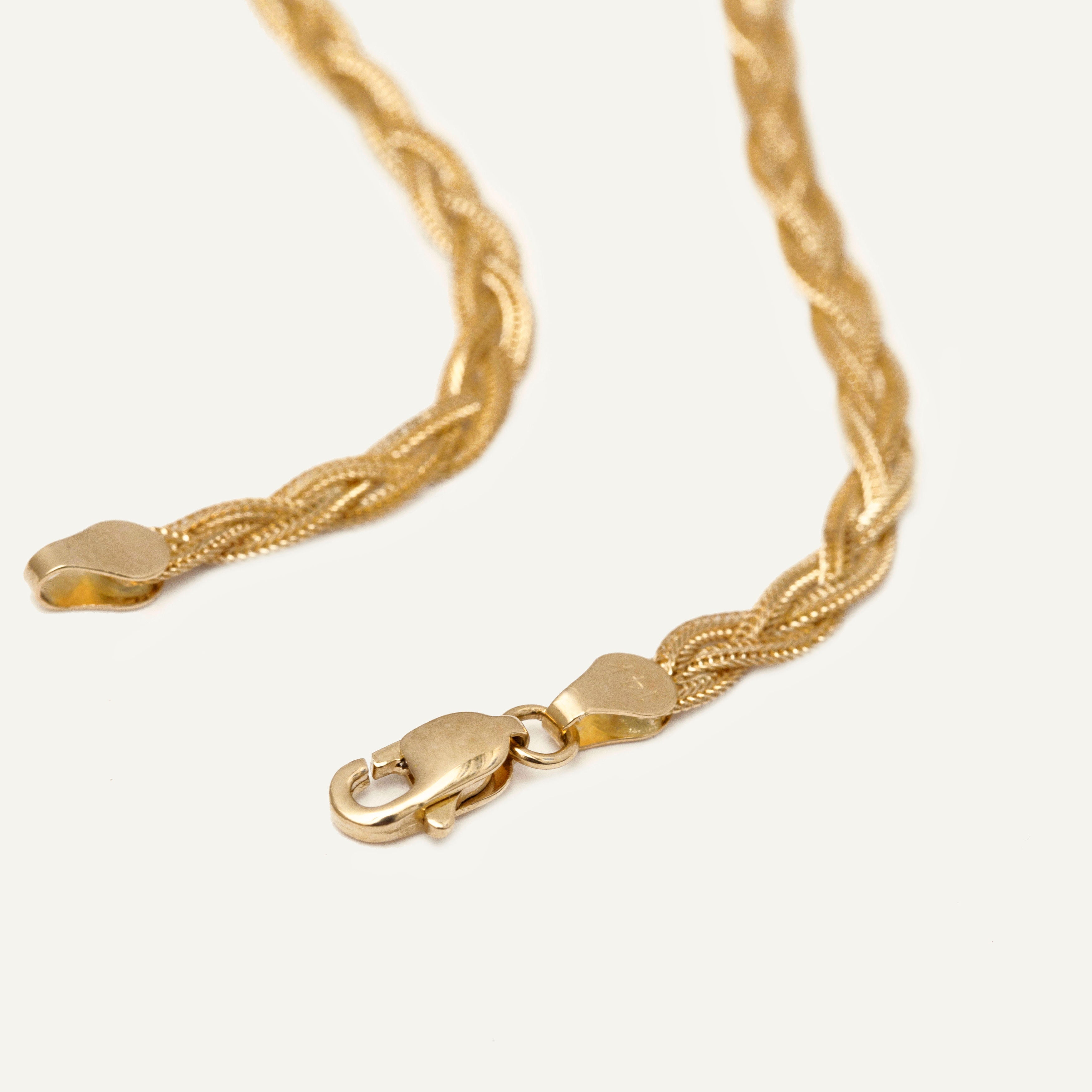 14K Yellow Gold Braided Foxtail Bracelet, 7 inch, 3.5mm wide, lobster clasp, Italian