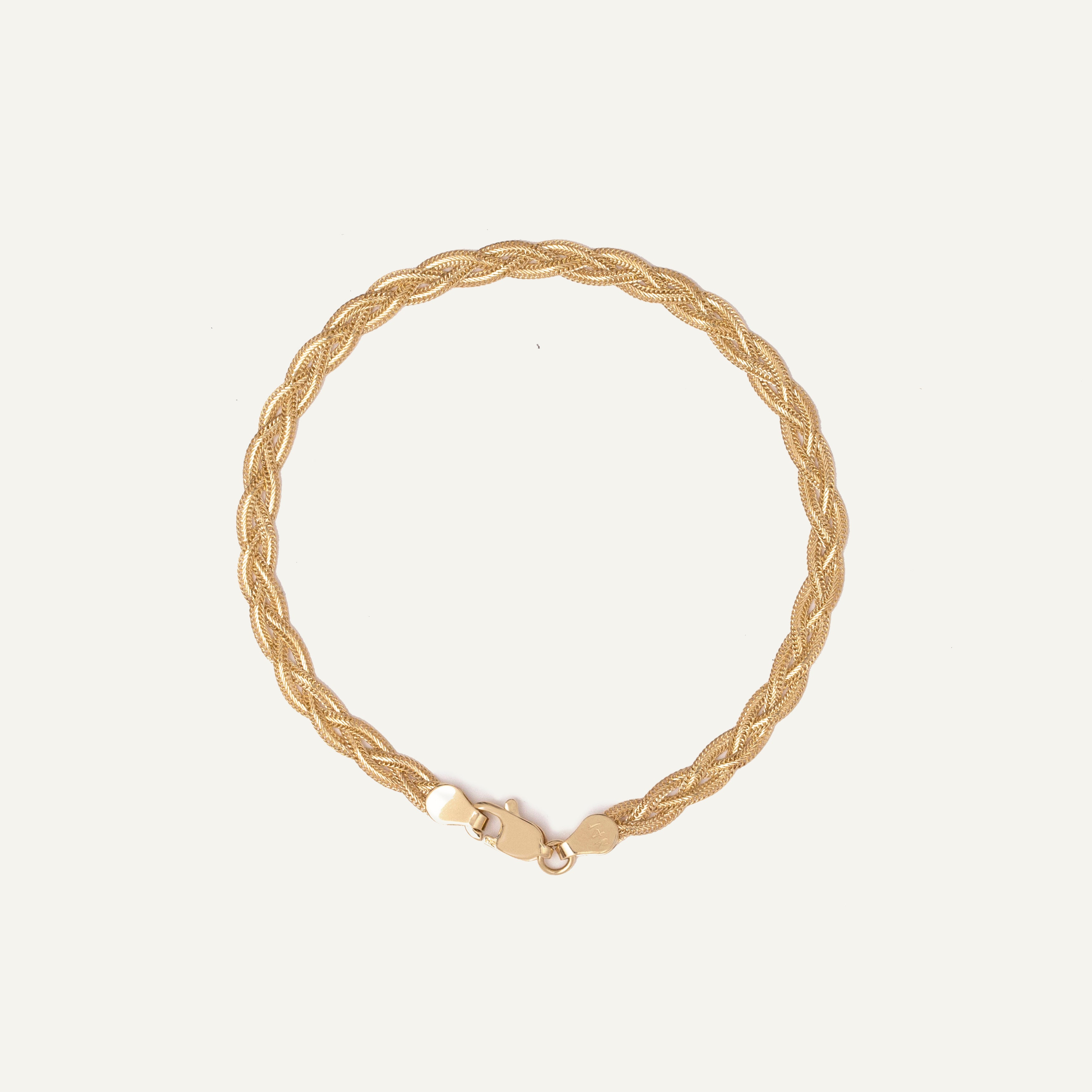 14K Yellow Gold Braided Foxtail Bracelet, Made In Italy