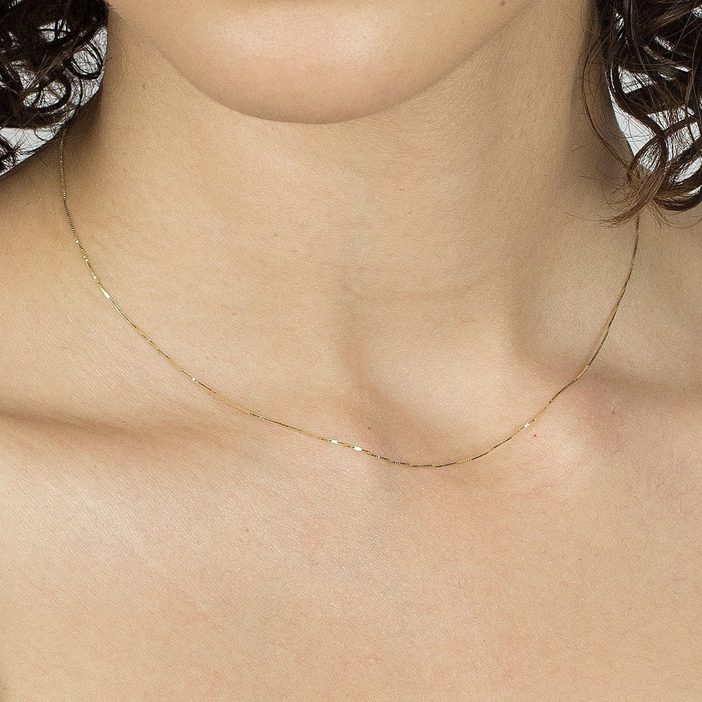14K Yellow Gold Dainty Box Chain Necklace, 16-20"