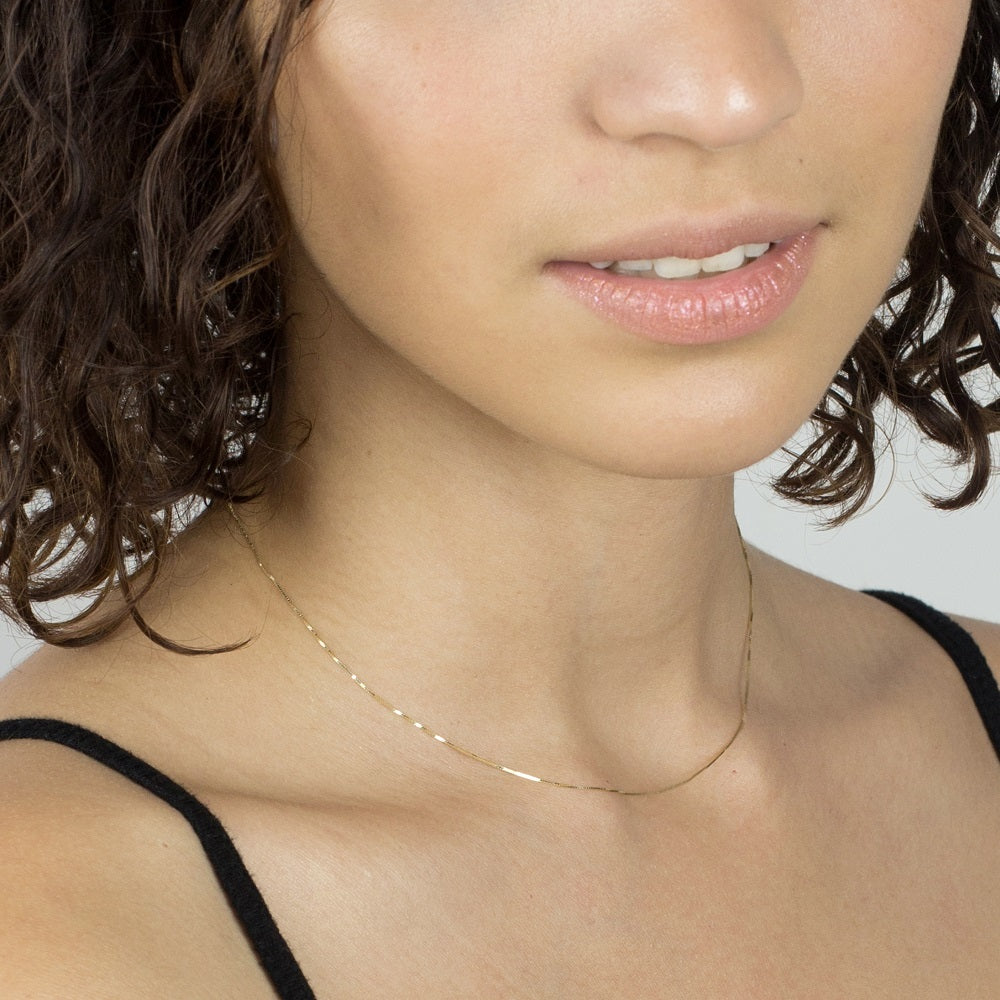 14K Yellow Gold Dainty Box Chain Necklace, 16-20"