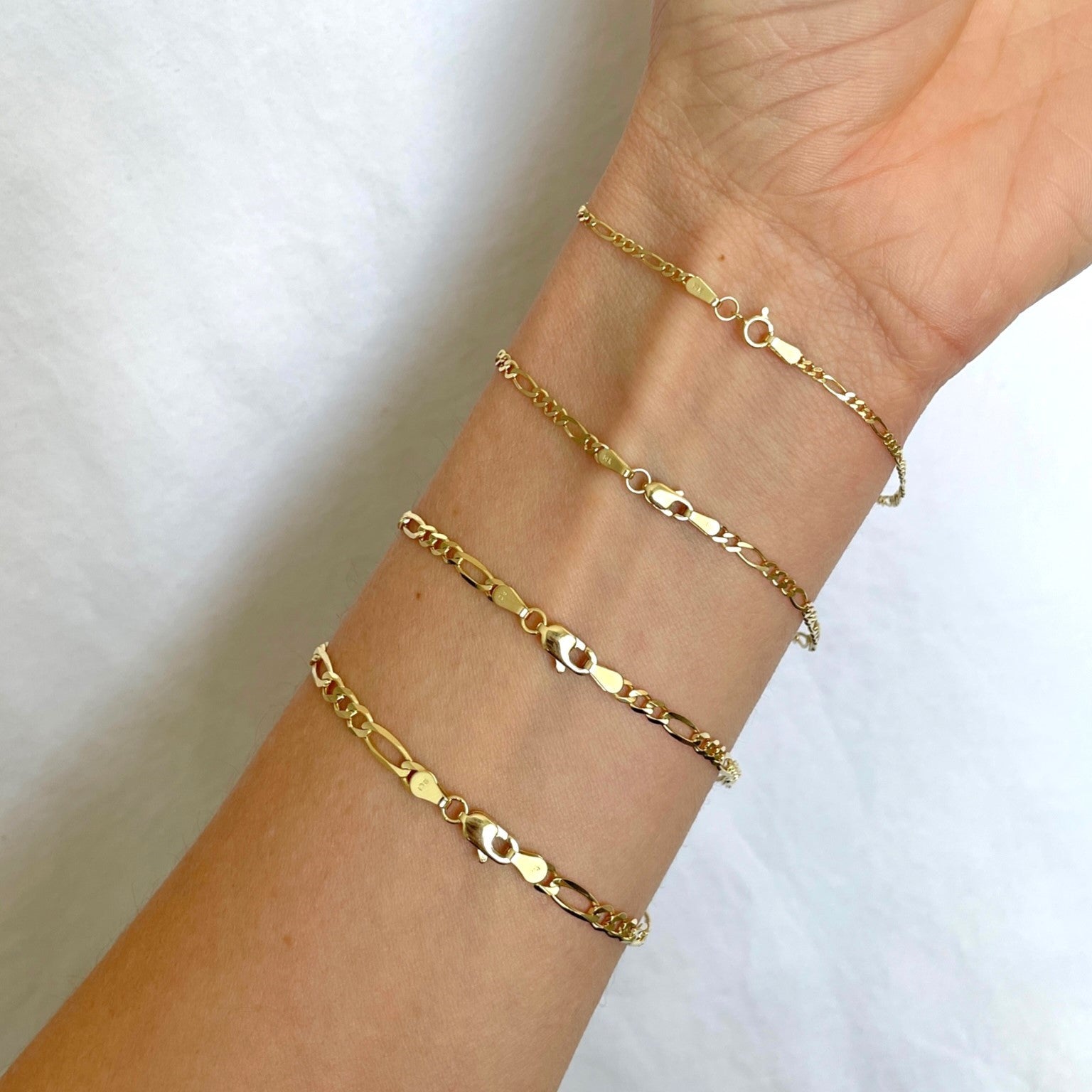 14K Yellow Gold Figaro Link Bracelet 1.9mm - 3.8mm