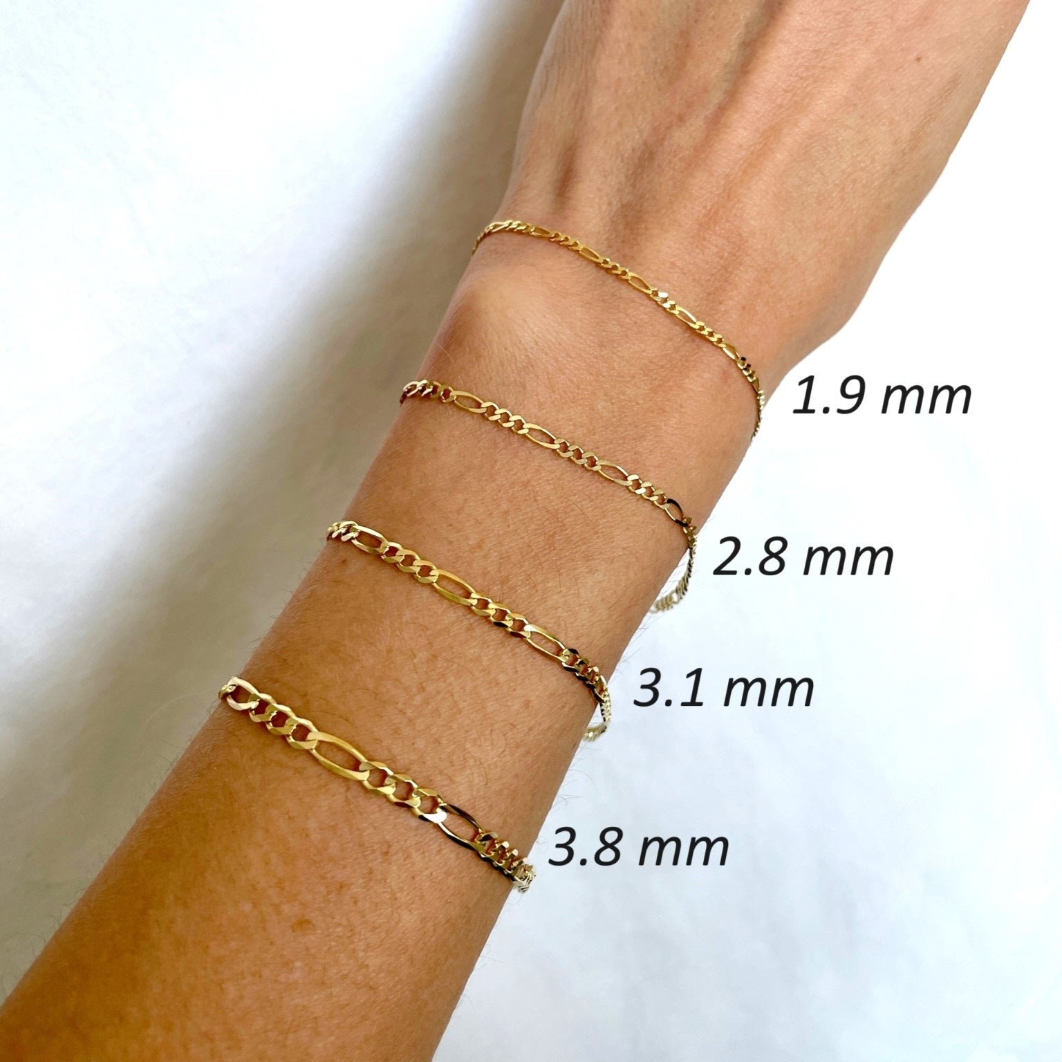 14K Yellow Gold Figaro Link Bracelet 1.9mm - 3.8mm