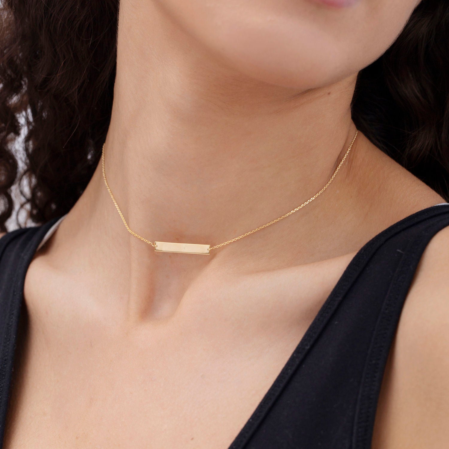 14K Gold Engravable Bar Choker Necklace