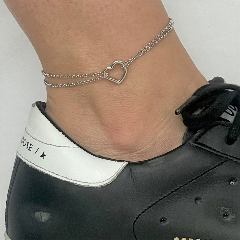 14K White Gold Open Heart Anklet