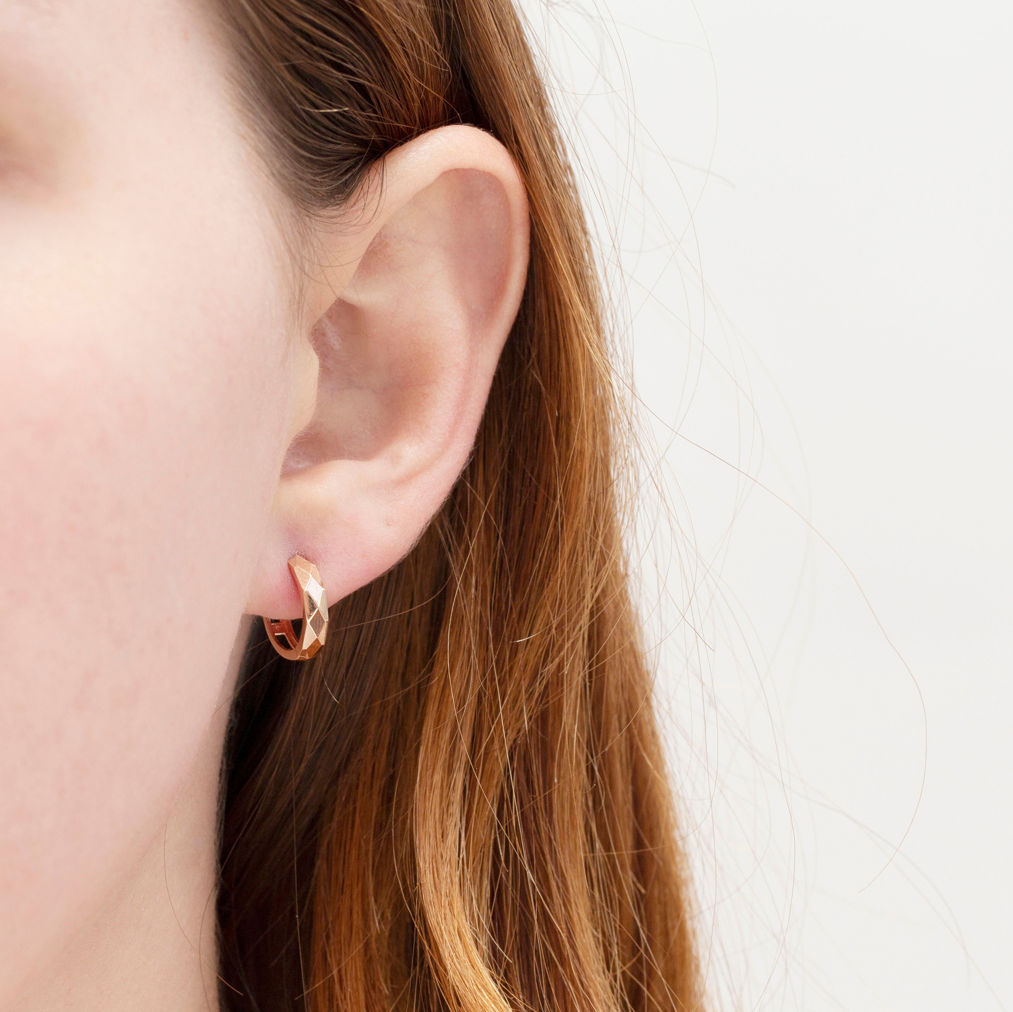 14K Rose Gold Faceted Huggie Hoops