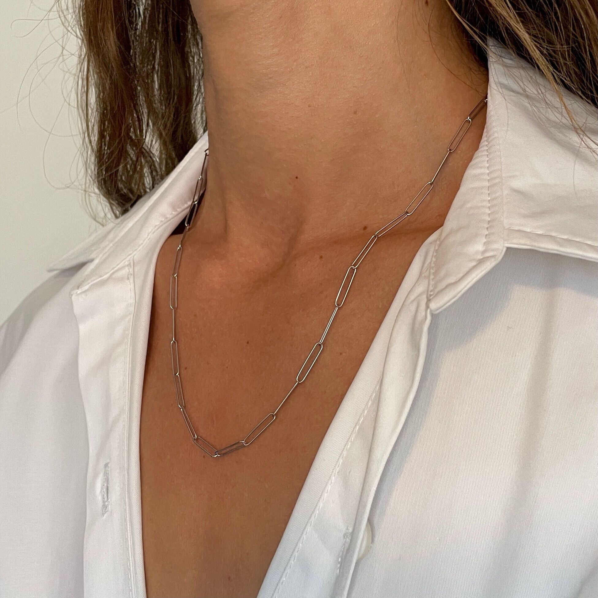 14K Gold Long Paperclip Link Necklace Chain Women