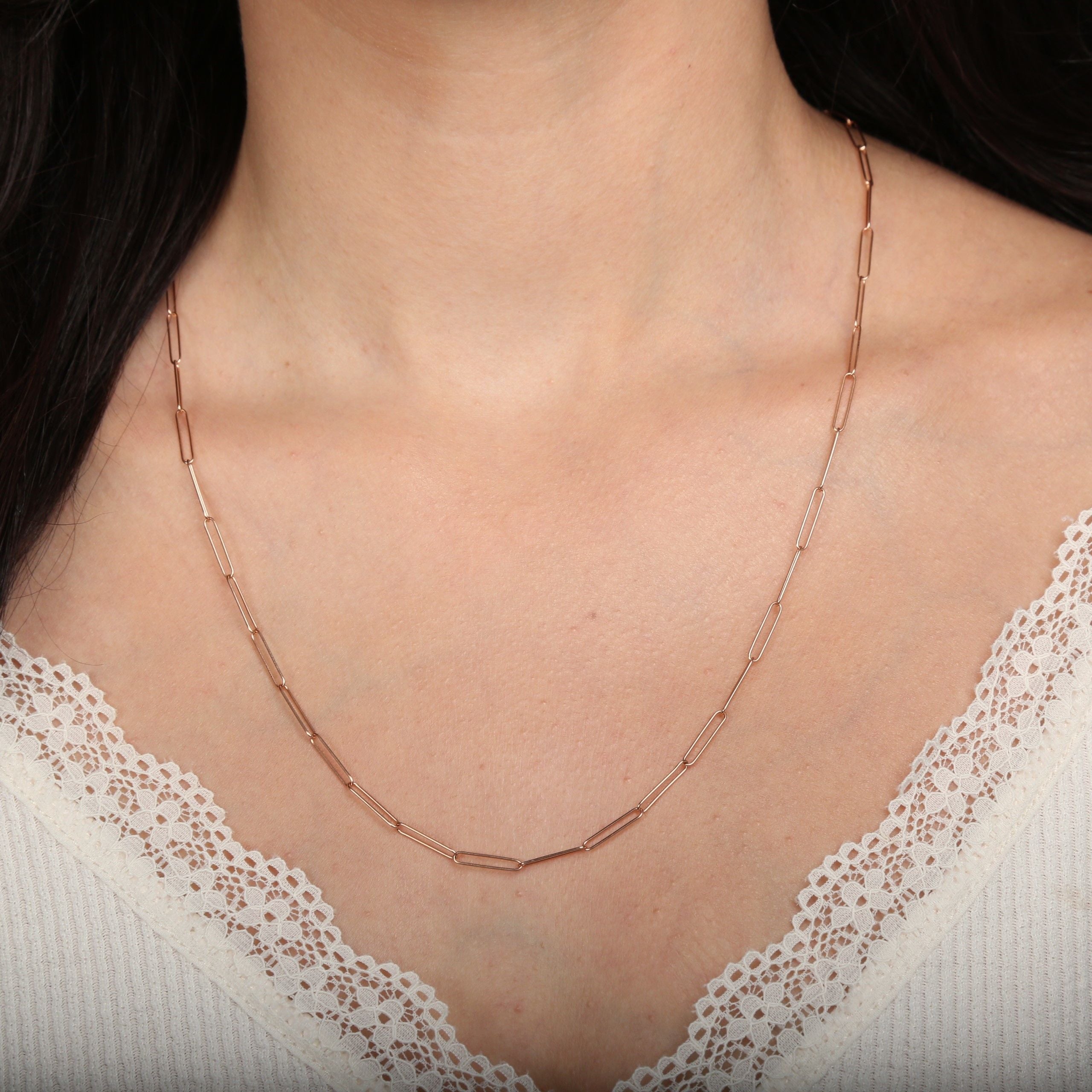 14K Gold Long Paperclip Link Necklace Chain Women