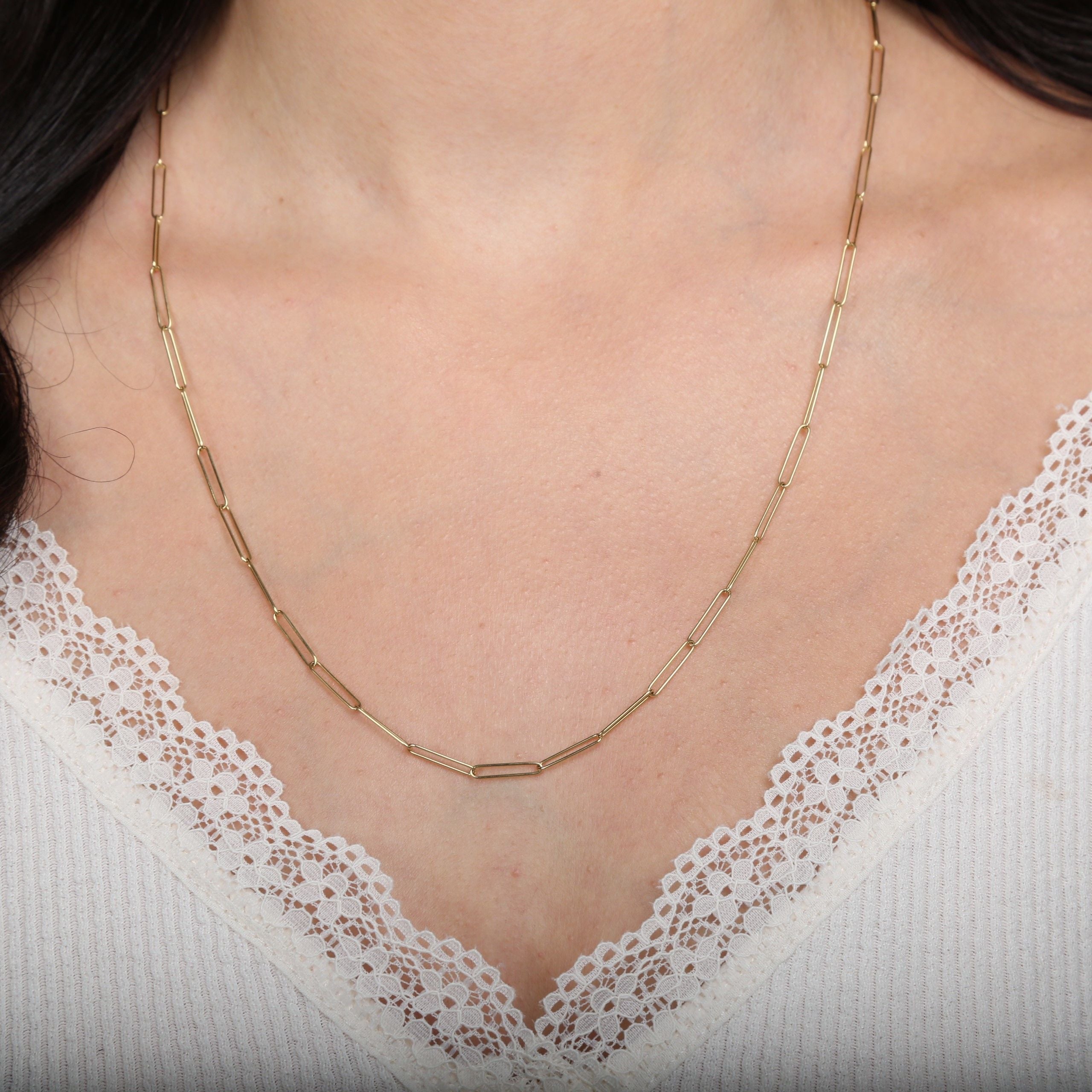 14K Gold Long Paperclip Link Necklace Chain Women