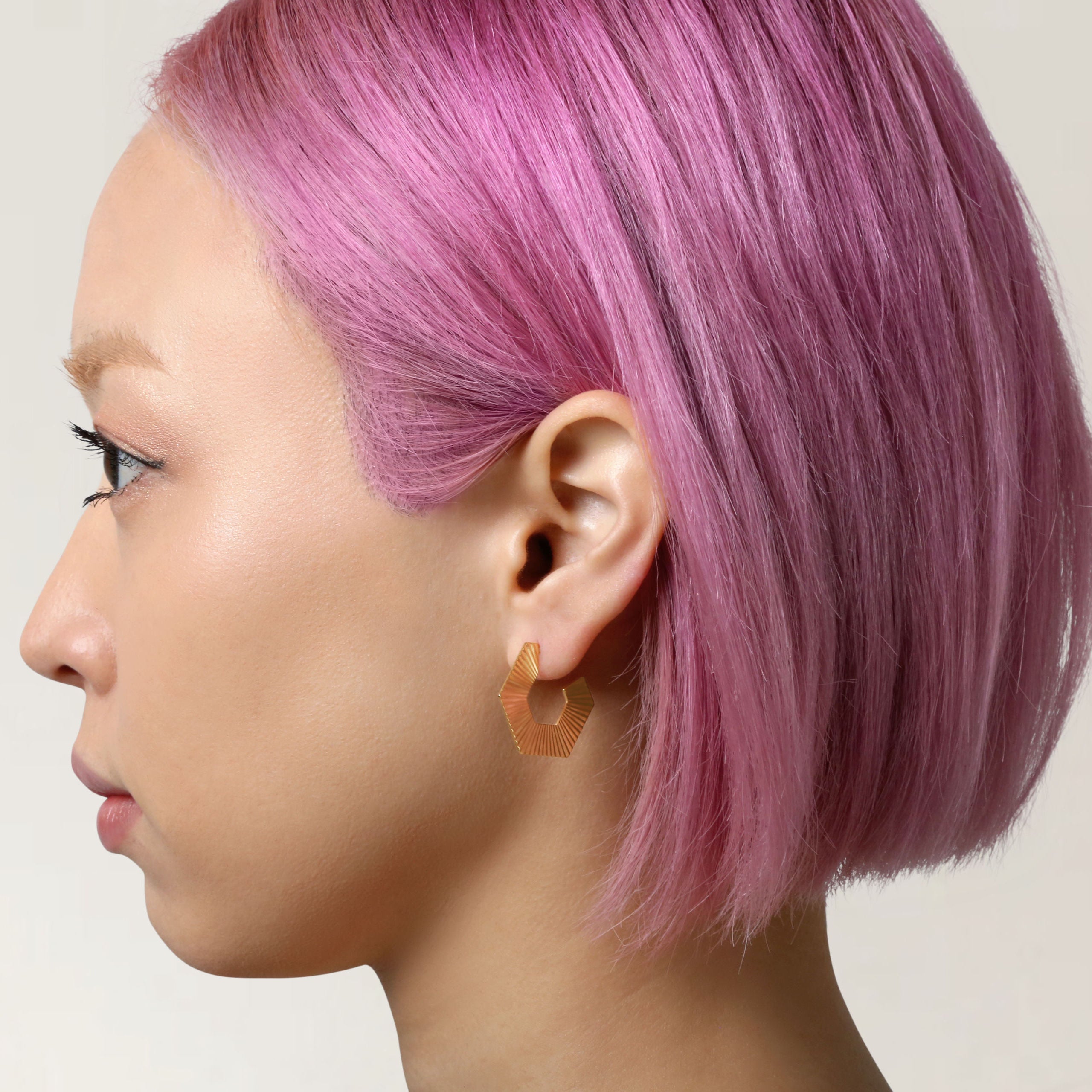 14K Gold Textured Hexagon Post Hoops