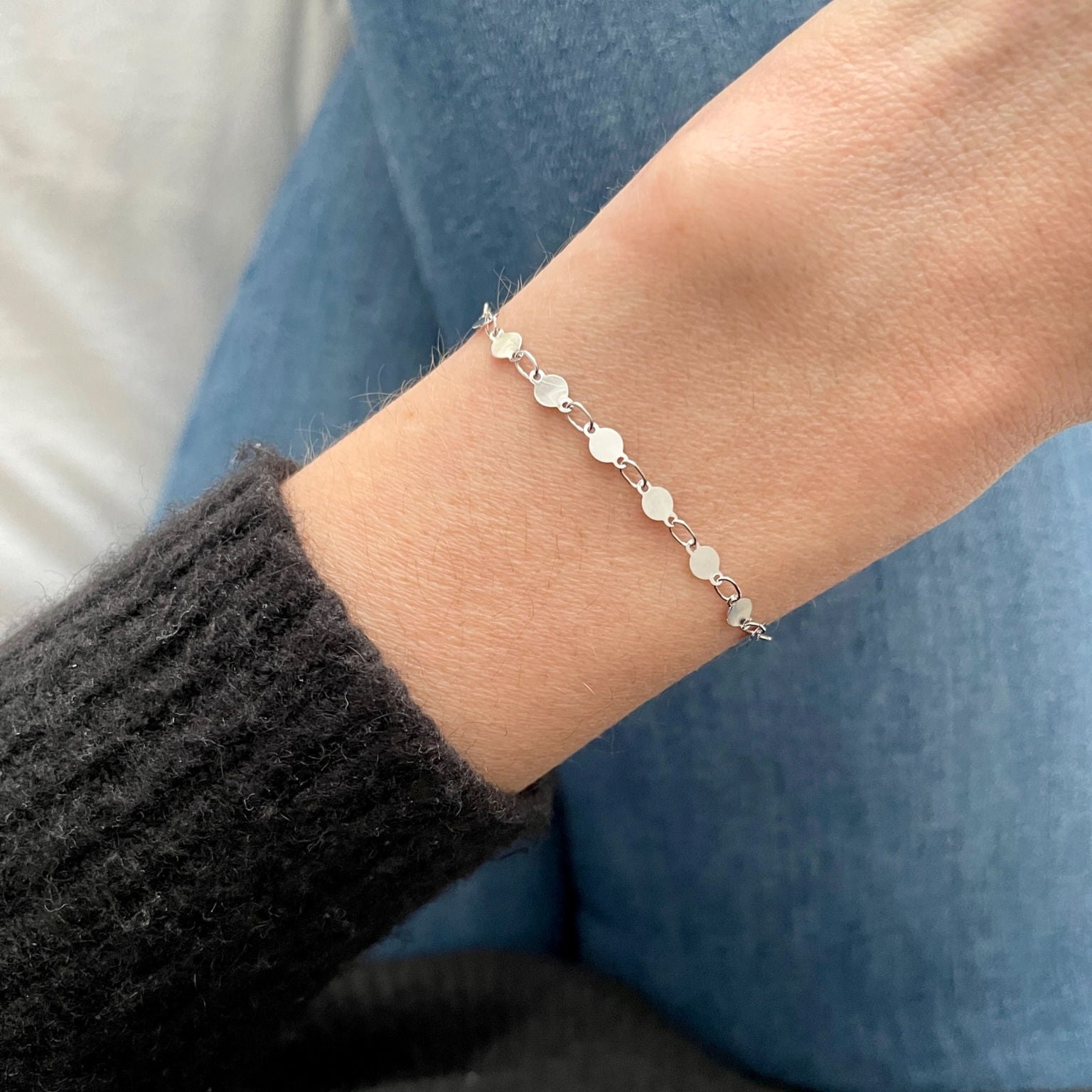 14K White Gold Mirror Link Chain Bracelet 7" Inch Women
