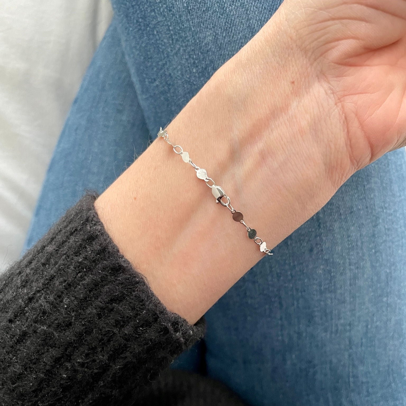14K White Gold Mirror Link Chain Bracelet 7" Inch Women