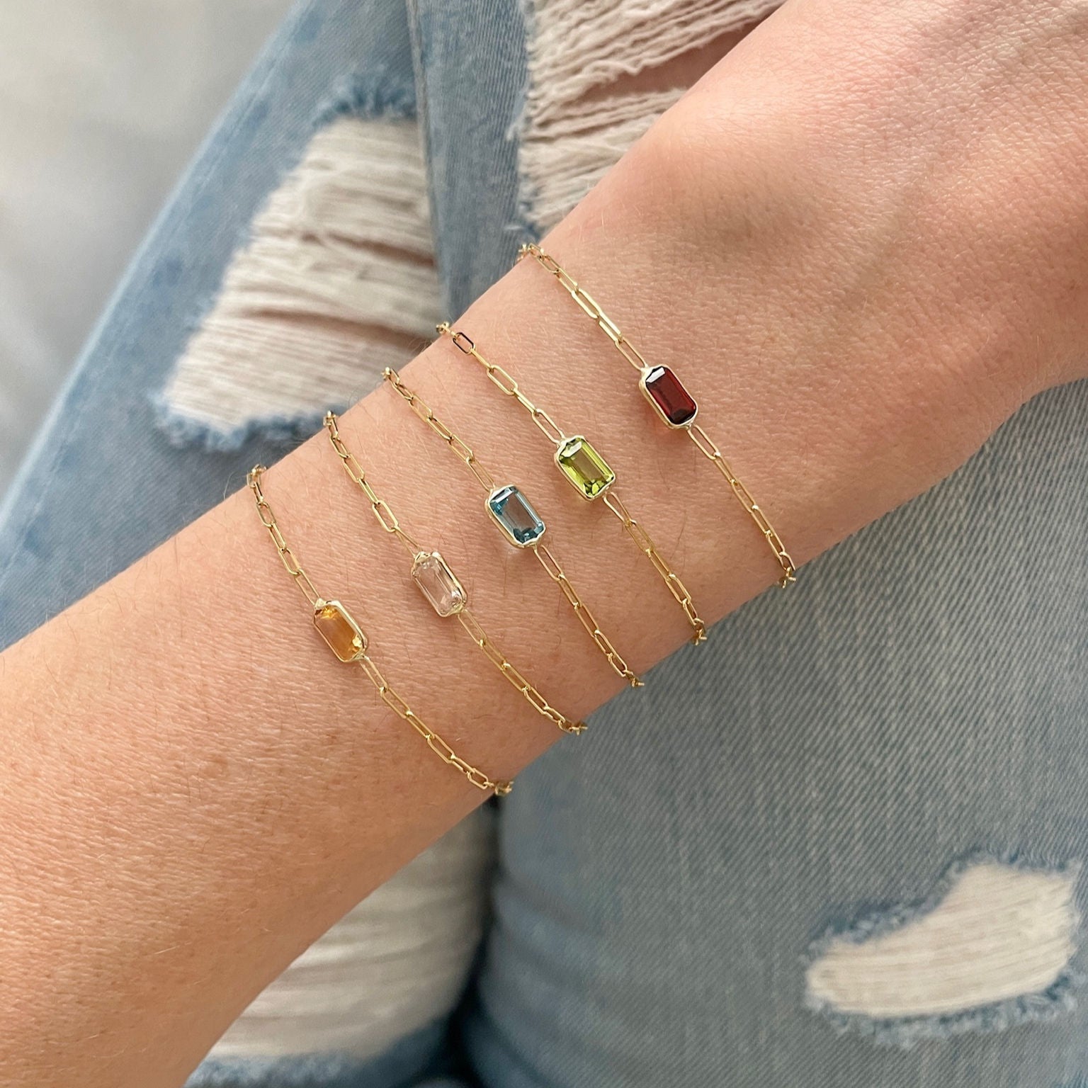 14K Yellow Gold Gemstone Paperclip Bracelet Women Birthstone Bracelet