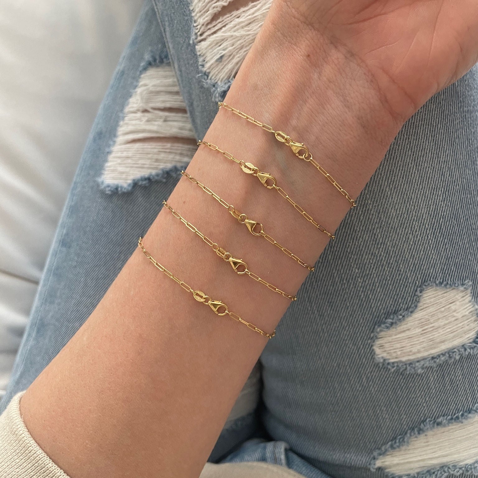 14K Yellow Gold Gemstone Paperclip Bracelet Women Birthstone Bracelet