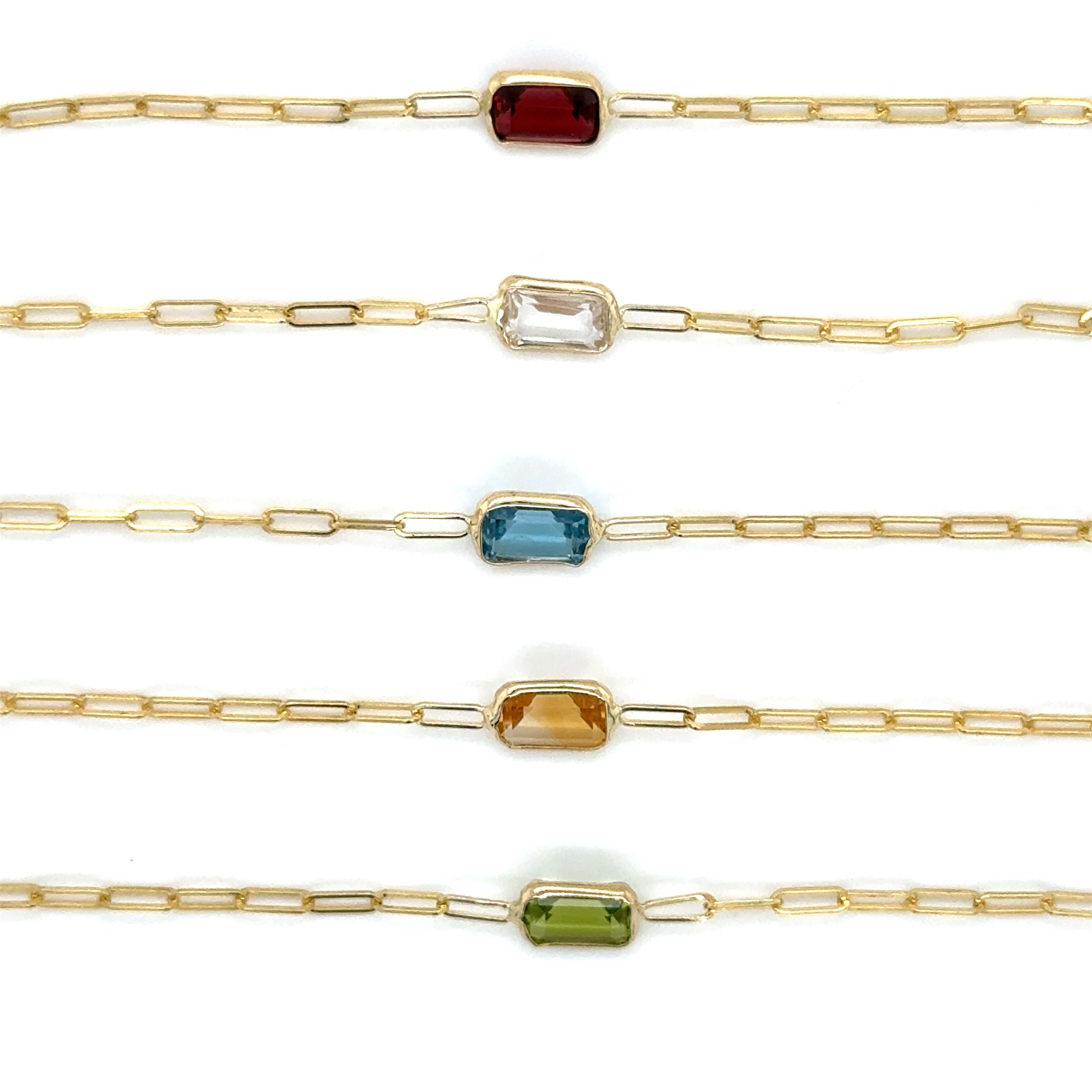 14K Yellow Gold Gemstone Paperclip Bracelet Women Birthstone Bracelet