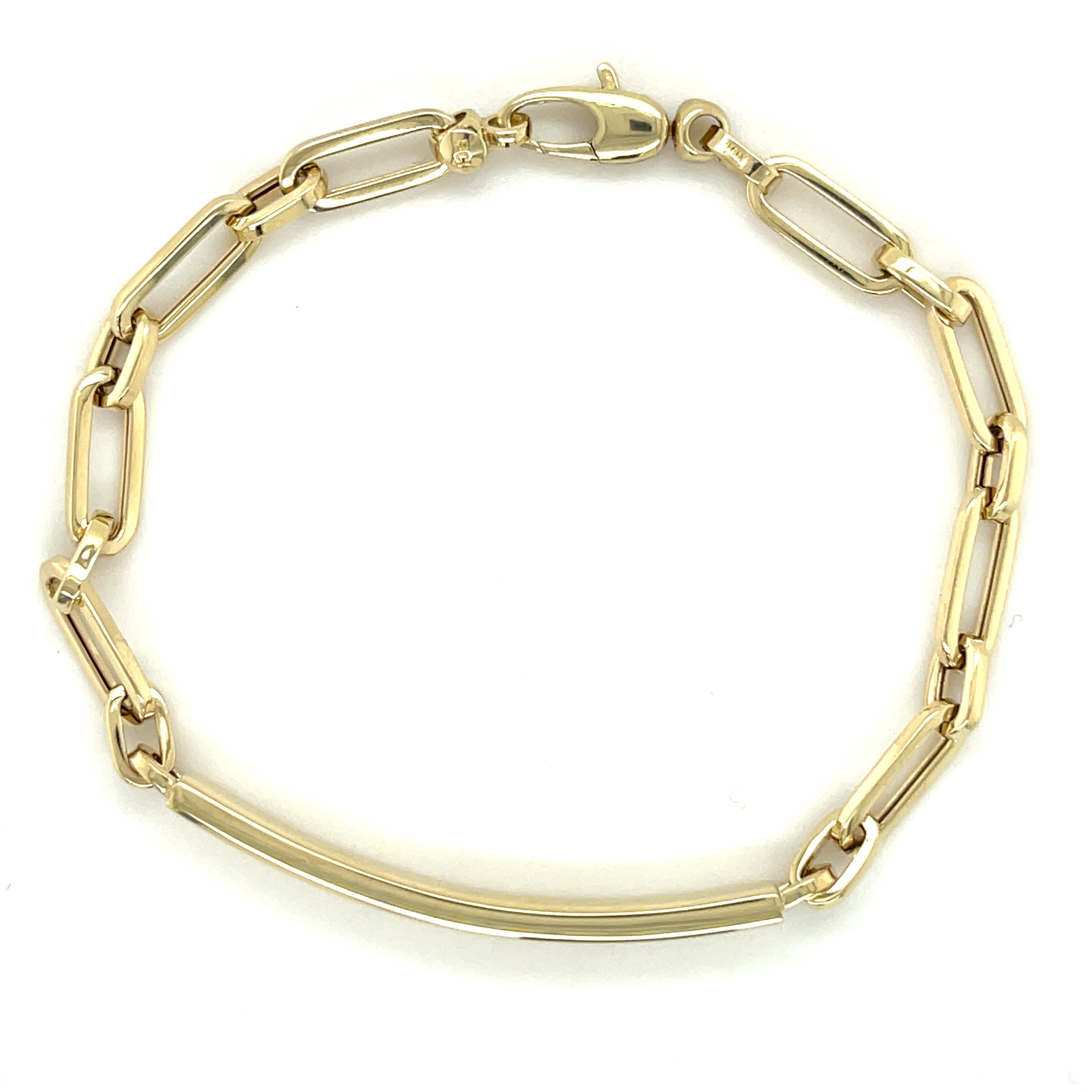 14K Solid Gold Paperclip Bracelet with Bar Detail – Polished, Sleek, Modern Design
