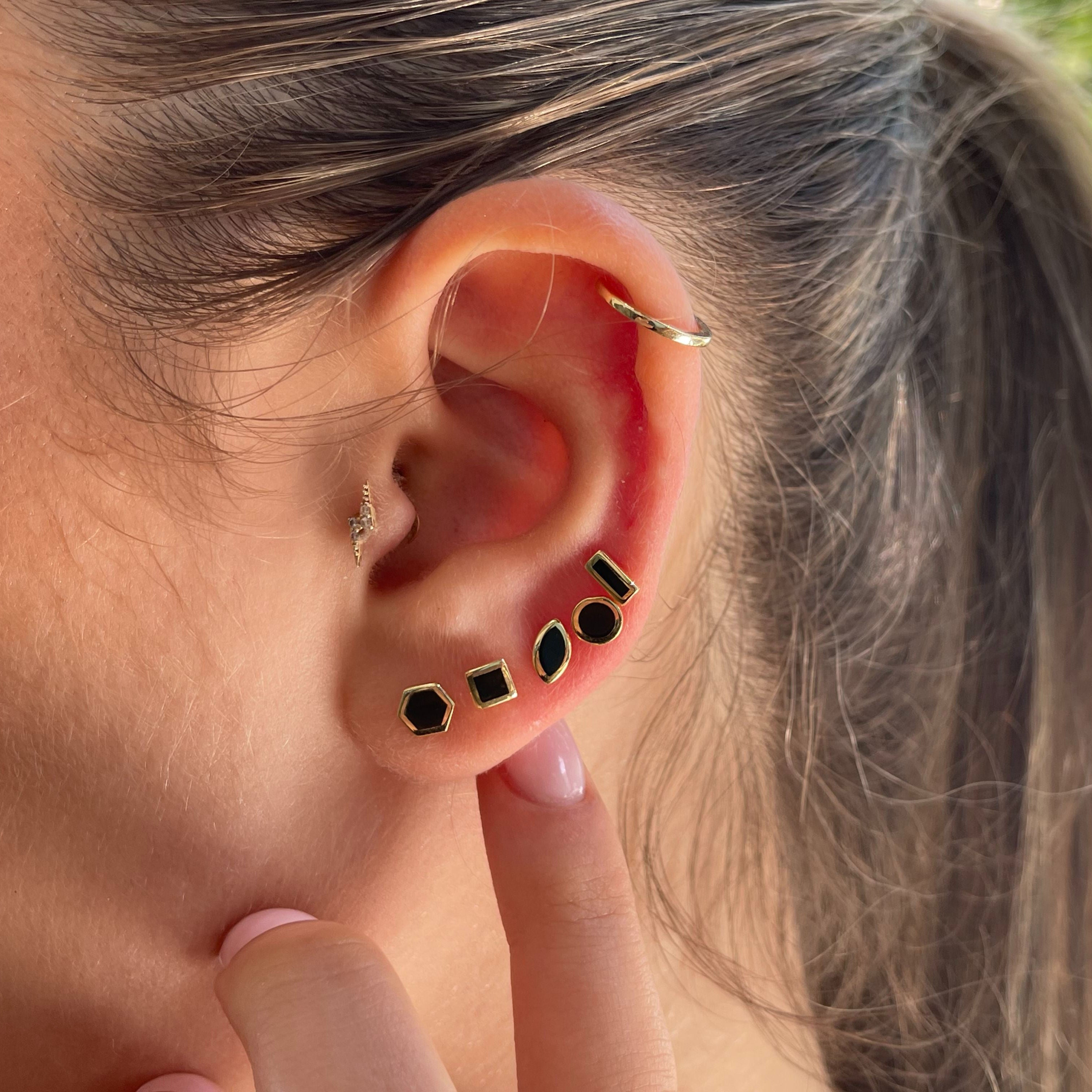 14K Gold Black Enamel Stud Earrings