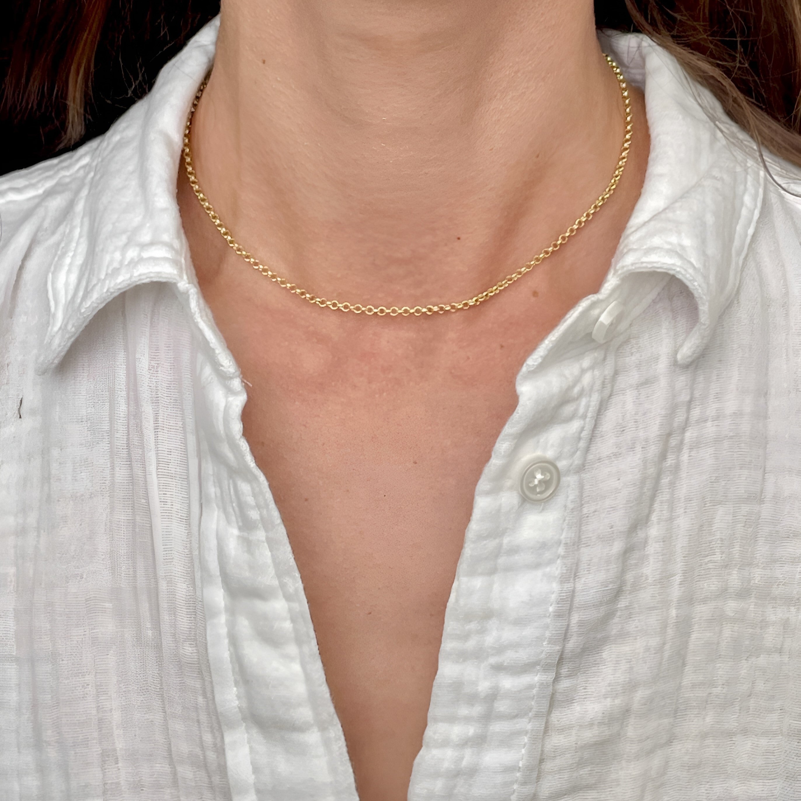 14K Gold Rolo Link Choker Necklace 14 Inch Women
