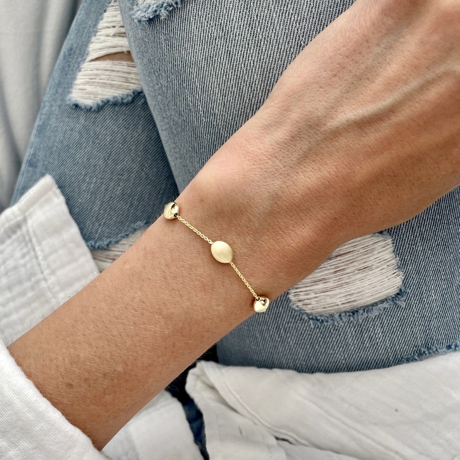 14K Gold Pebble Link Bracelet Women