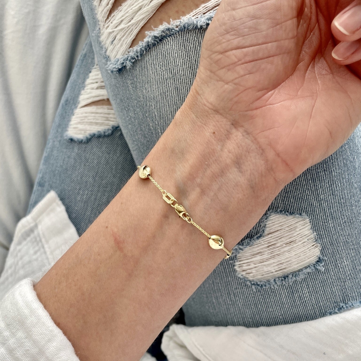 14K Gold Pebble Link Bracelet Women