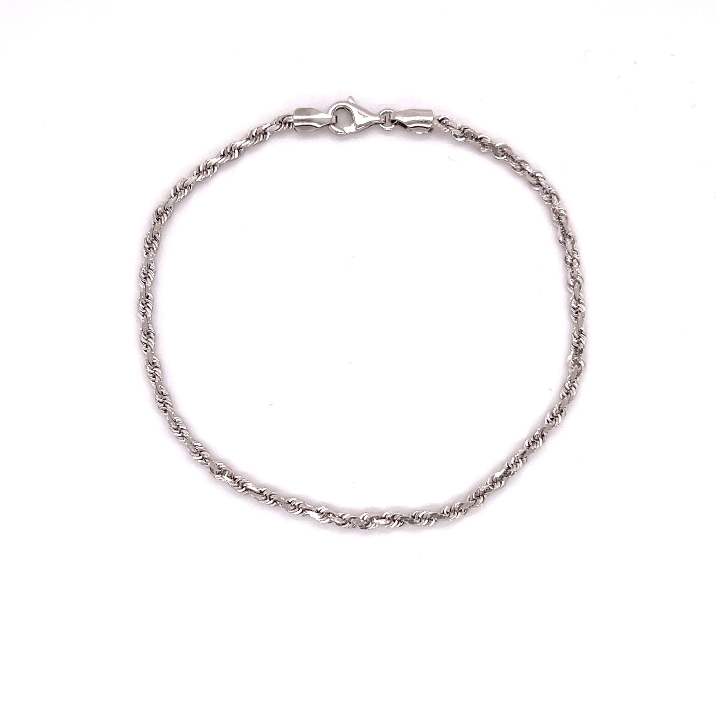 14K White Gold Rope Chain Bracelet, Diamond Cut, 1.5-3mm Thick