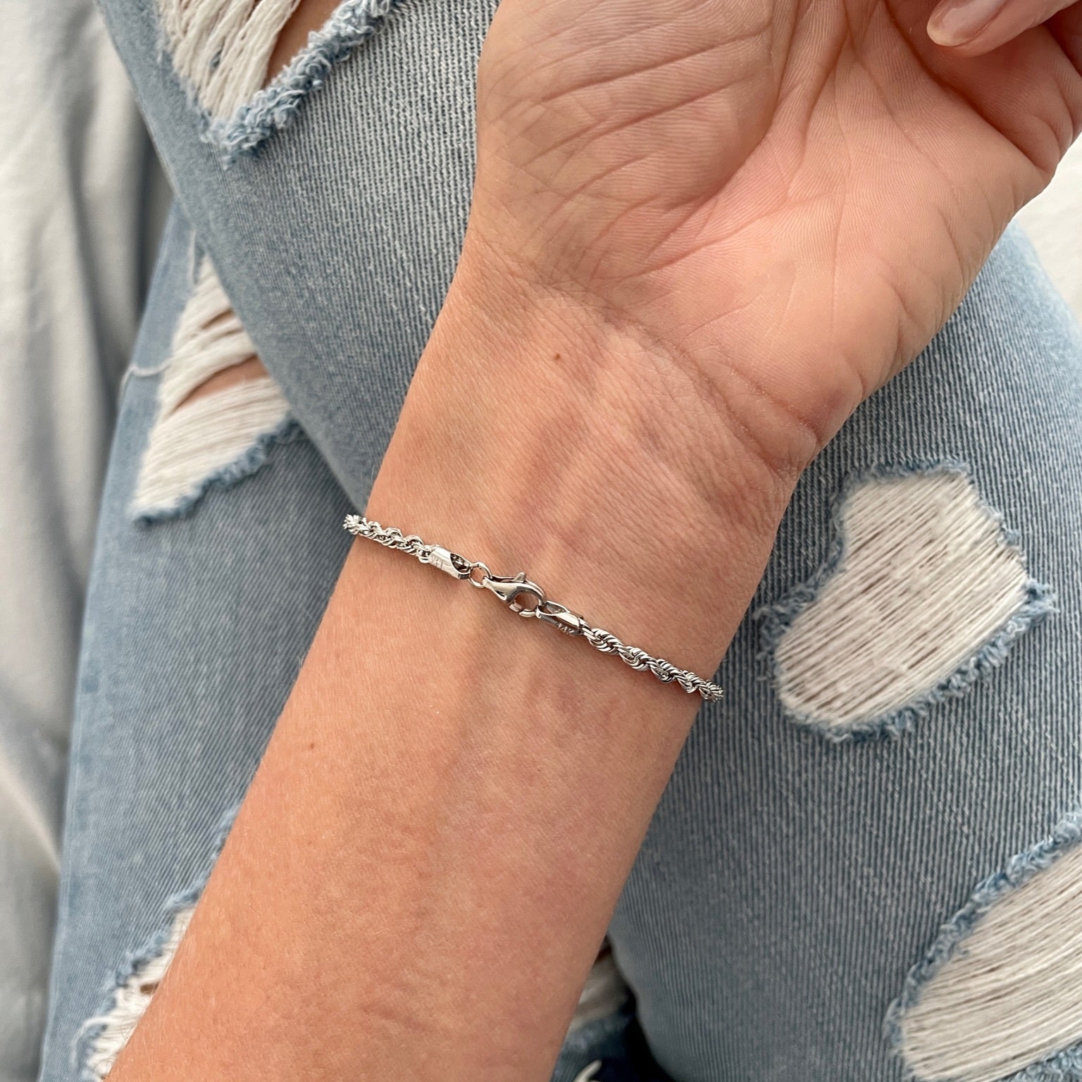 14K White Gold Rope Chain Bracelet, Diamond Cut, 1.5-3mm Thick