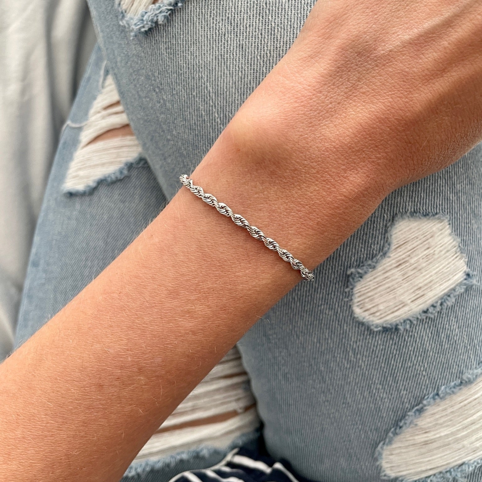 14K White Gold Rope Chain Bracelet, Diamond Cut, 1.5-3mm Thick