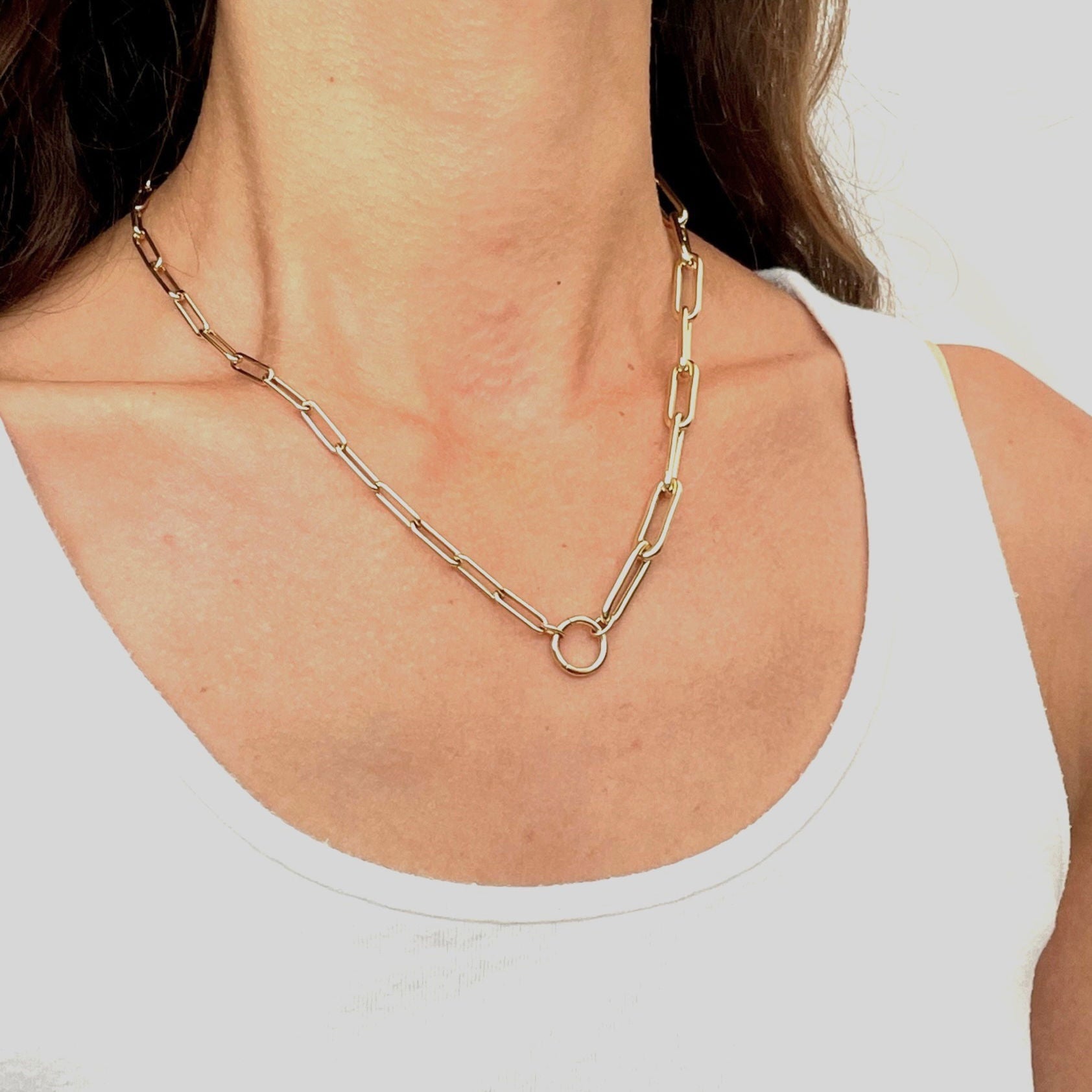 14K Gold Mixed Width Charm Holder Paperclip Necklace