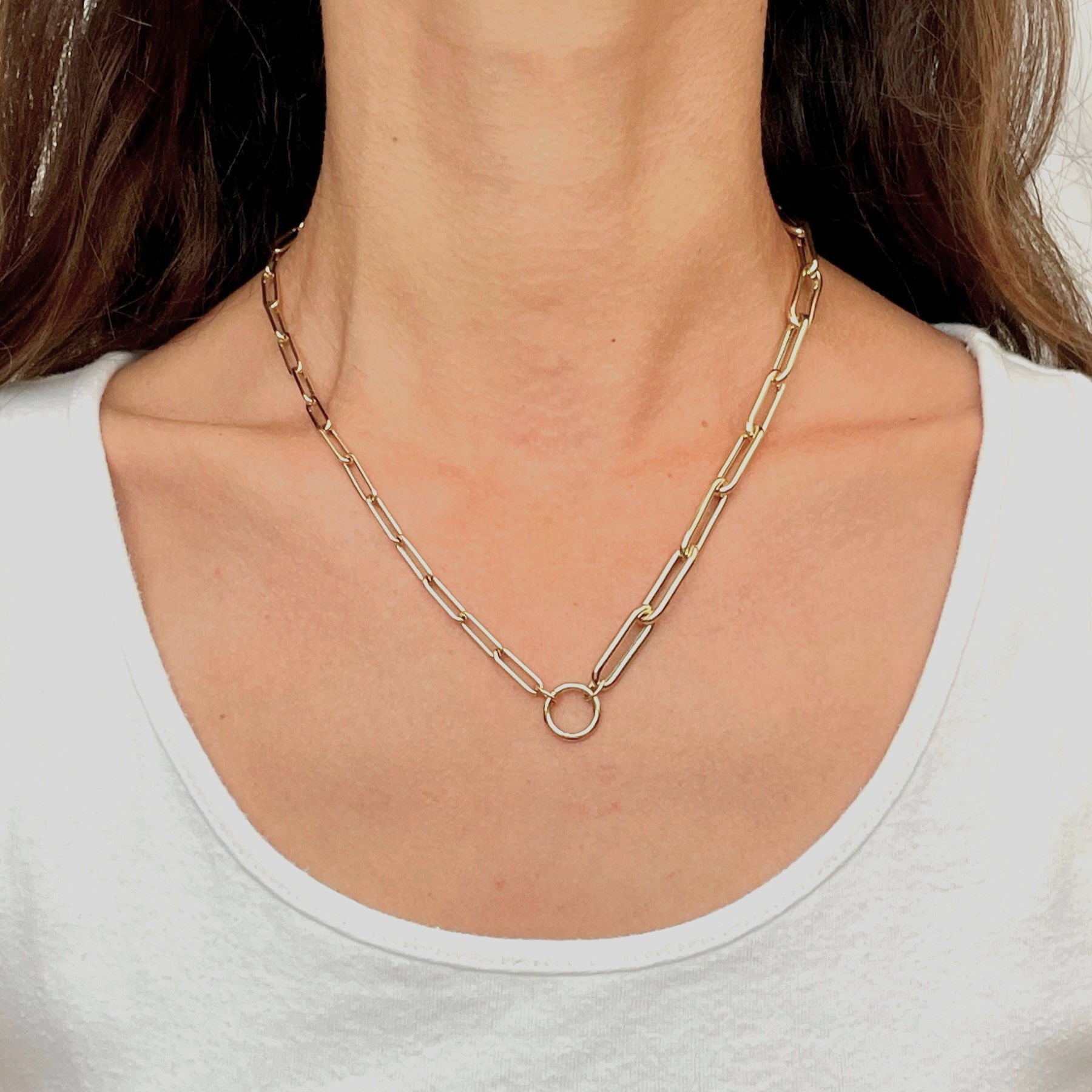 14K Gold Mixed Width Charm Holder Paperclip Necklace