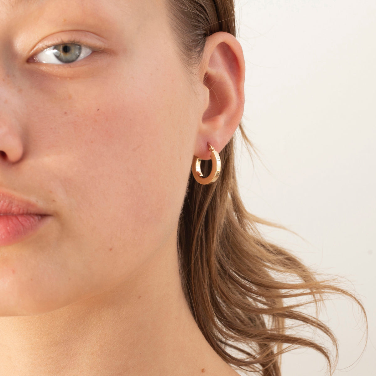 14K Yellow Gold Flat Edge Huggie Hoop Earrings, 10mm, 3mm Thick