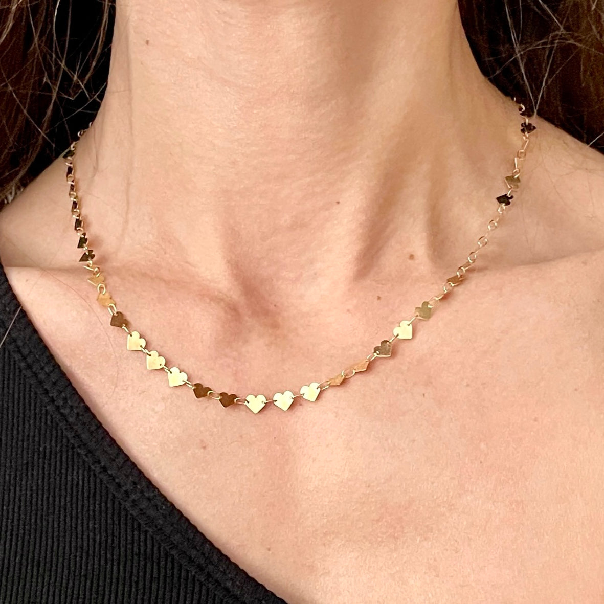 14K Yellow Gold Heart Mirror Link Necklace, Adjustable 15–18"