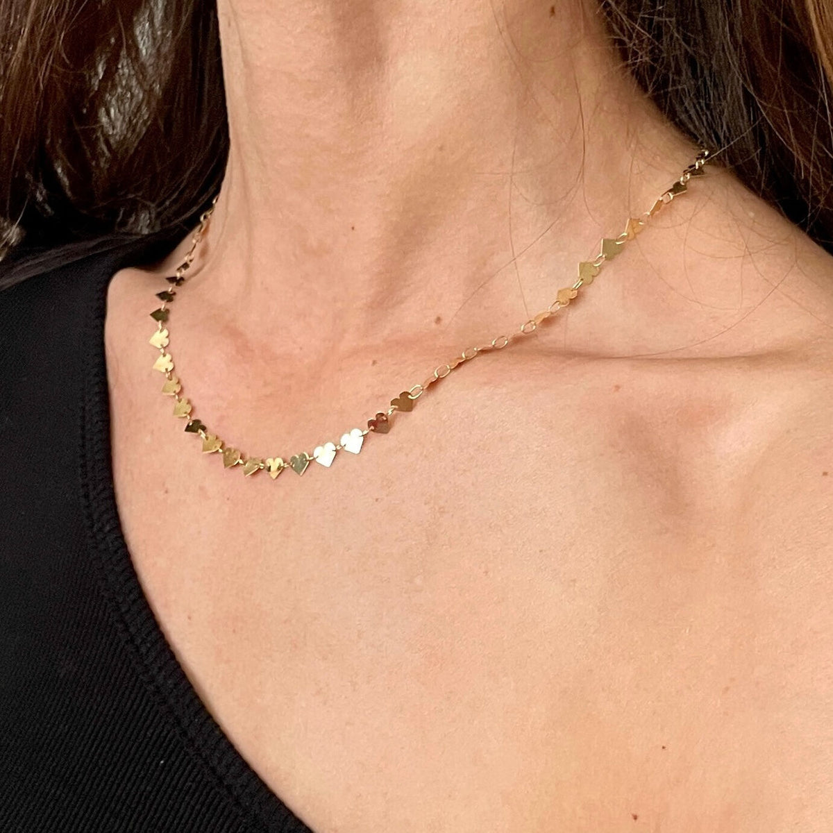 14K Yellow Gold Heart Mirror Link Necklace, Adjustable 15–18"
