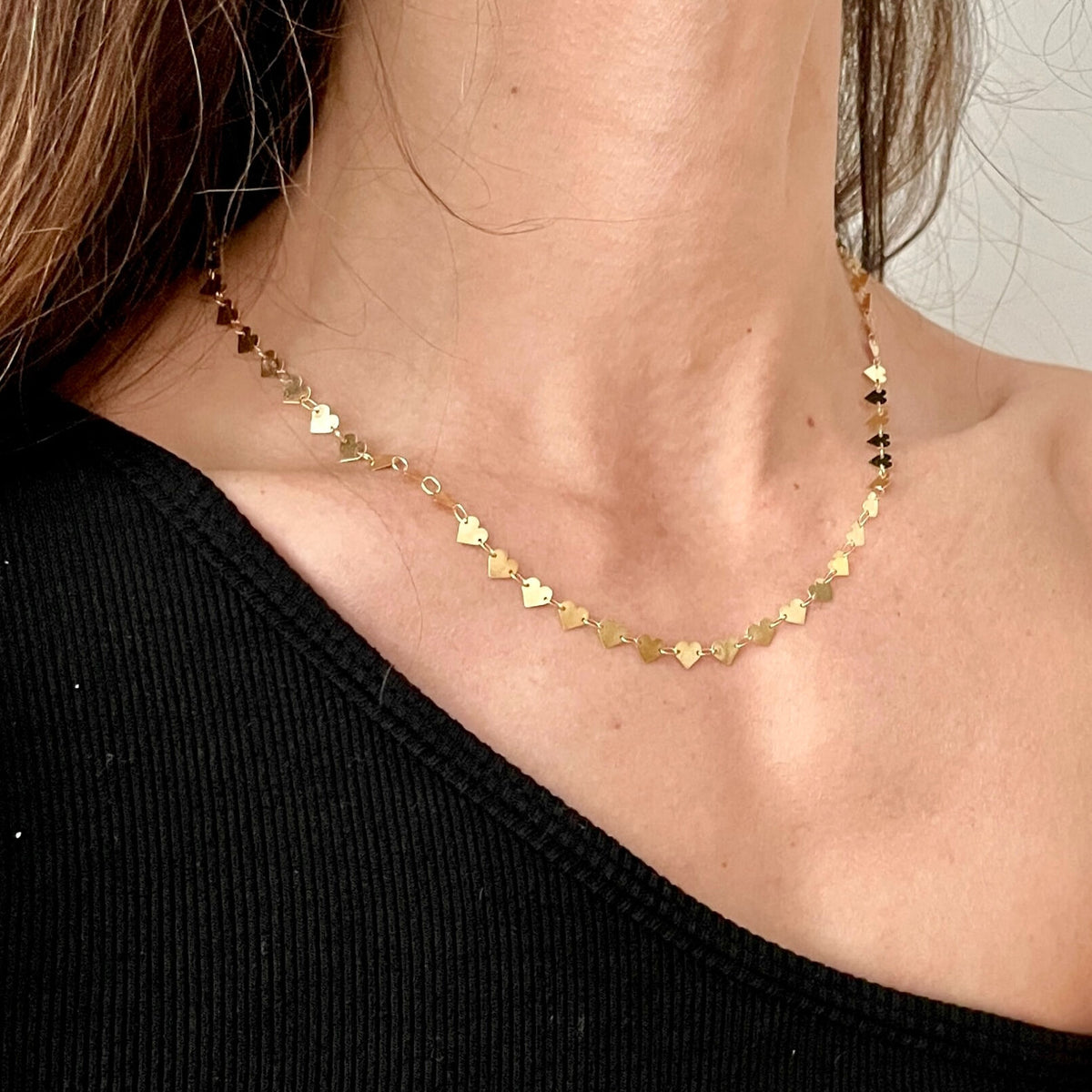14K Yellow Gold Heart Mirror Link Necklace, Adjustable 15–18"