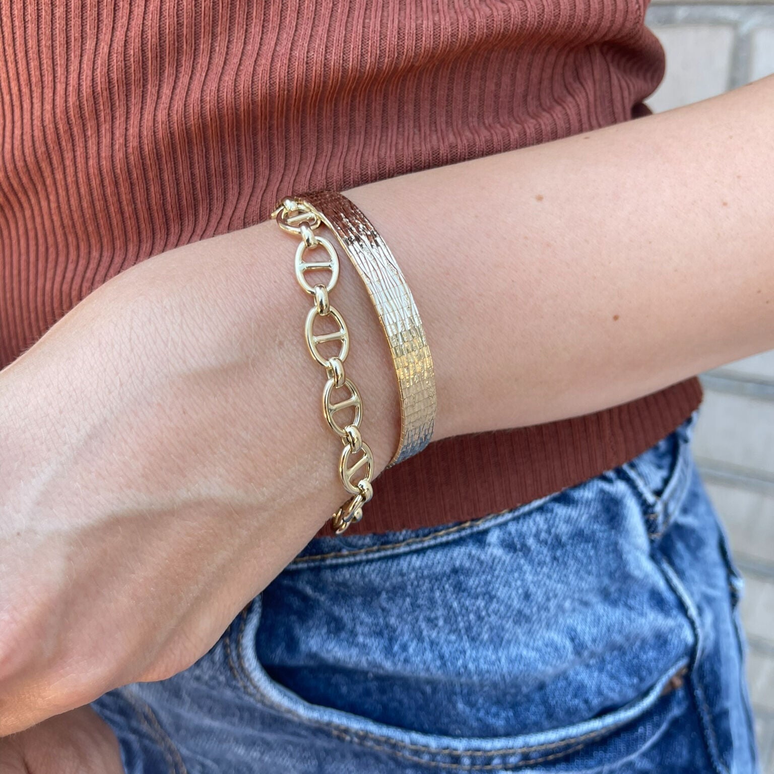 14K Yellow Gold Puffed Mariner Bracelet Women