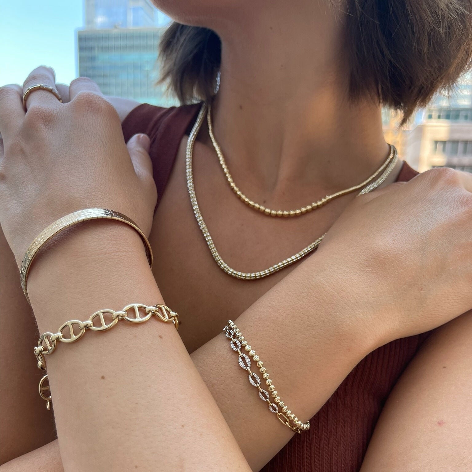 14K Yellow Gold Puffed Mariner Bracelet Women