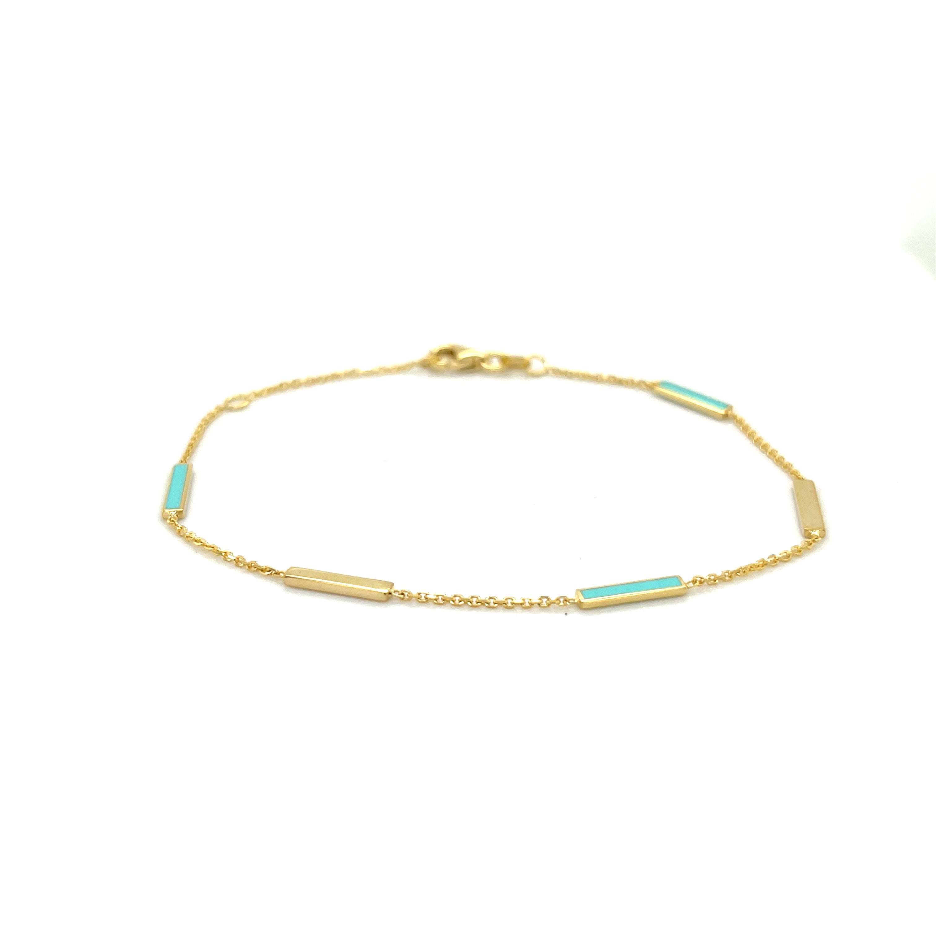 14K Solid Gold Turquoise Enamel Bar Bracelet – Dainty, Adjustable, Luxury Jewelry