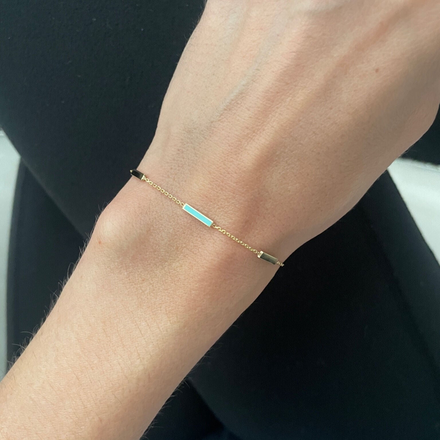 14K Solid Gold Turquoise Enamel Bar Bracelet – Dainty, Adjustable, Luxury Jewelry