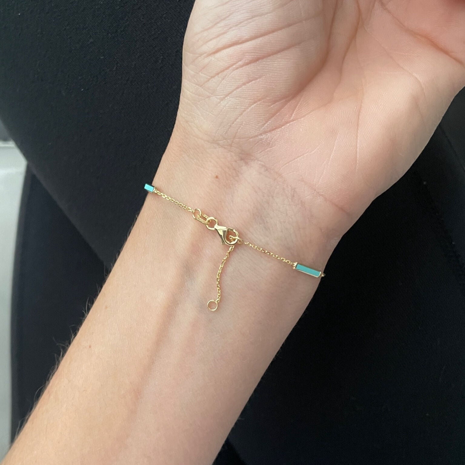 14K Solid Gold Turquoise Enamel Bar Bracelet – Dainty, Adjustable, Luxury Jewelry