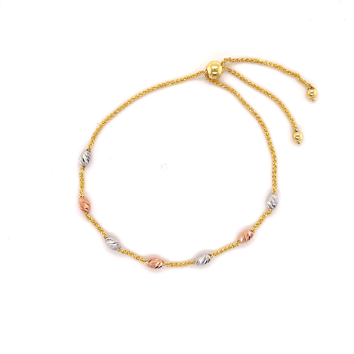 14K Tricolor Gold Diamond Cut Beaded Friendship Bracelet, 9.25" Adjustable